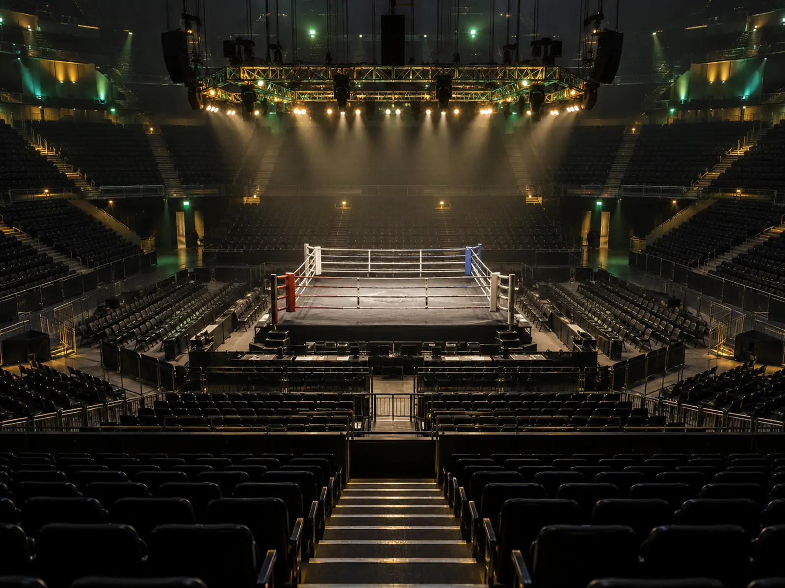 Conceptual image of an empty boxing ring under arena lights