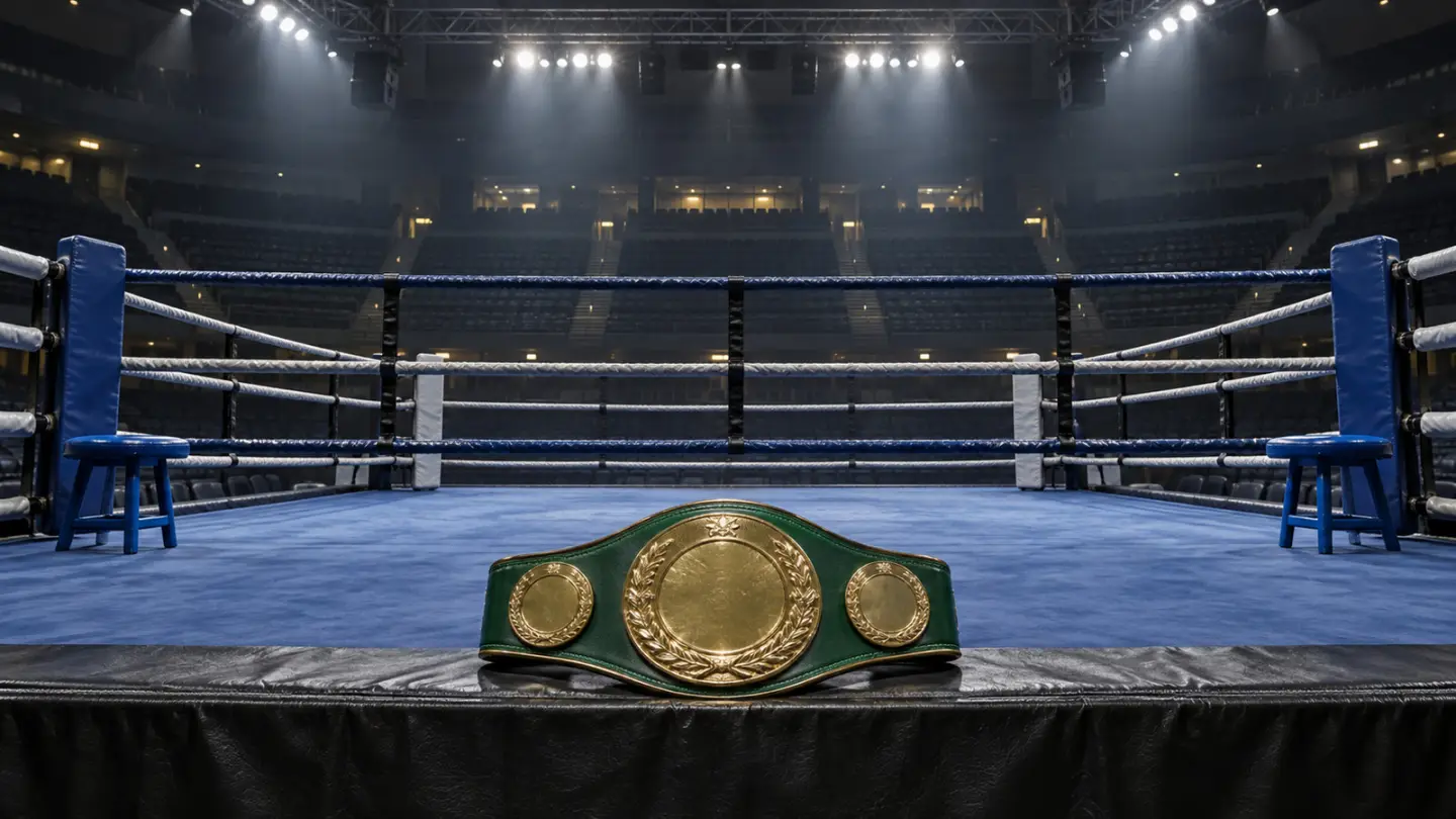 Conceptual image of a boxing championship belt in an empty arena