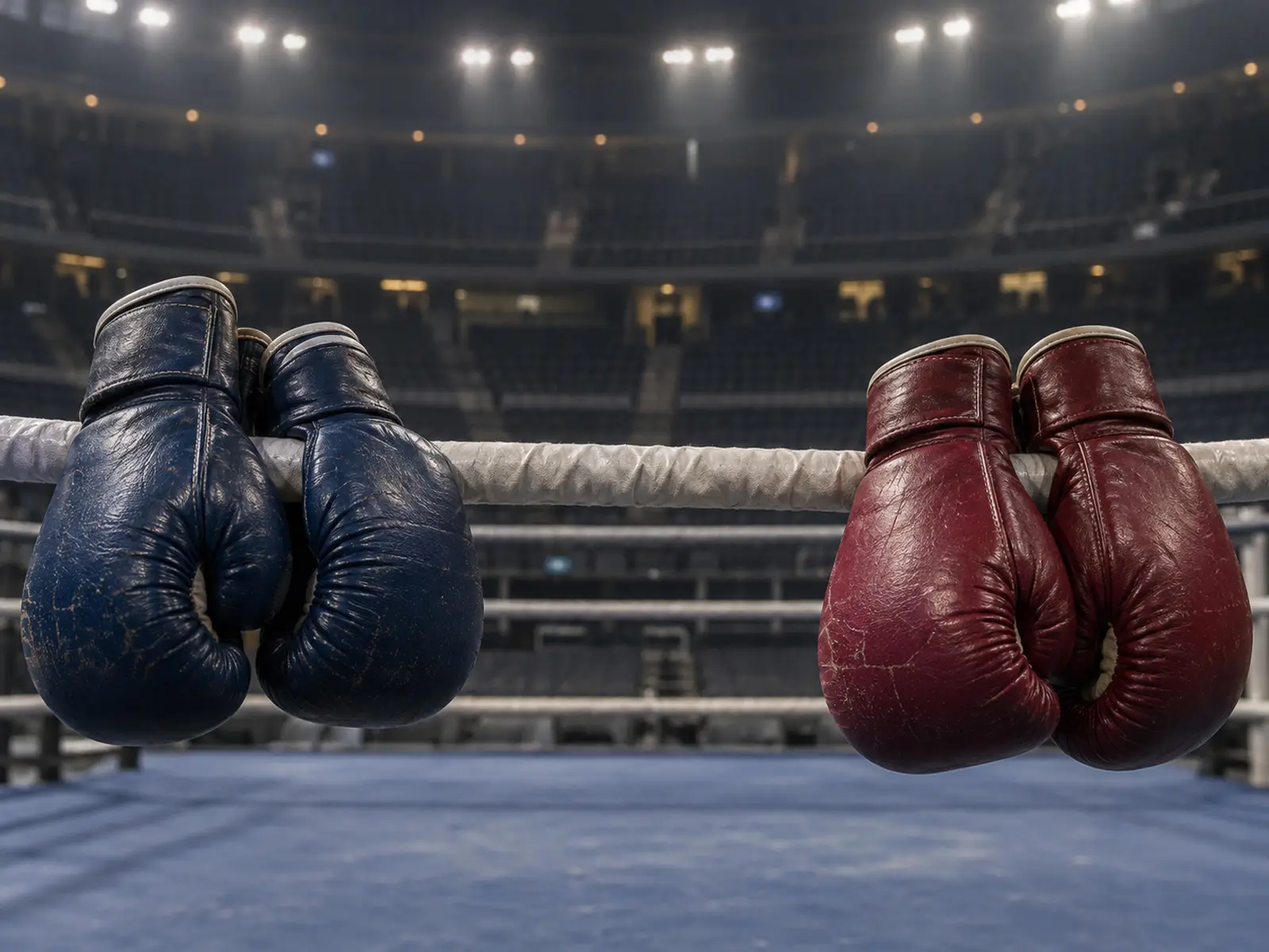 Conceptual image of blue and burgundy boxing gloves in a ring