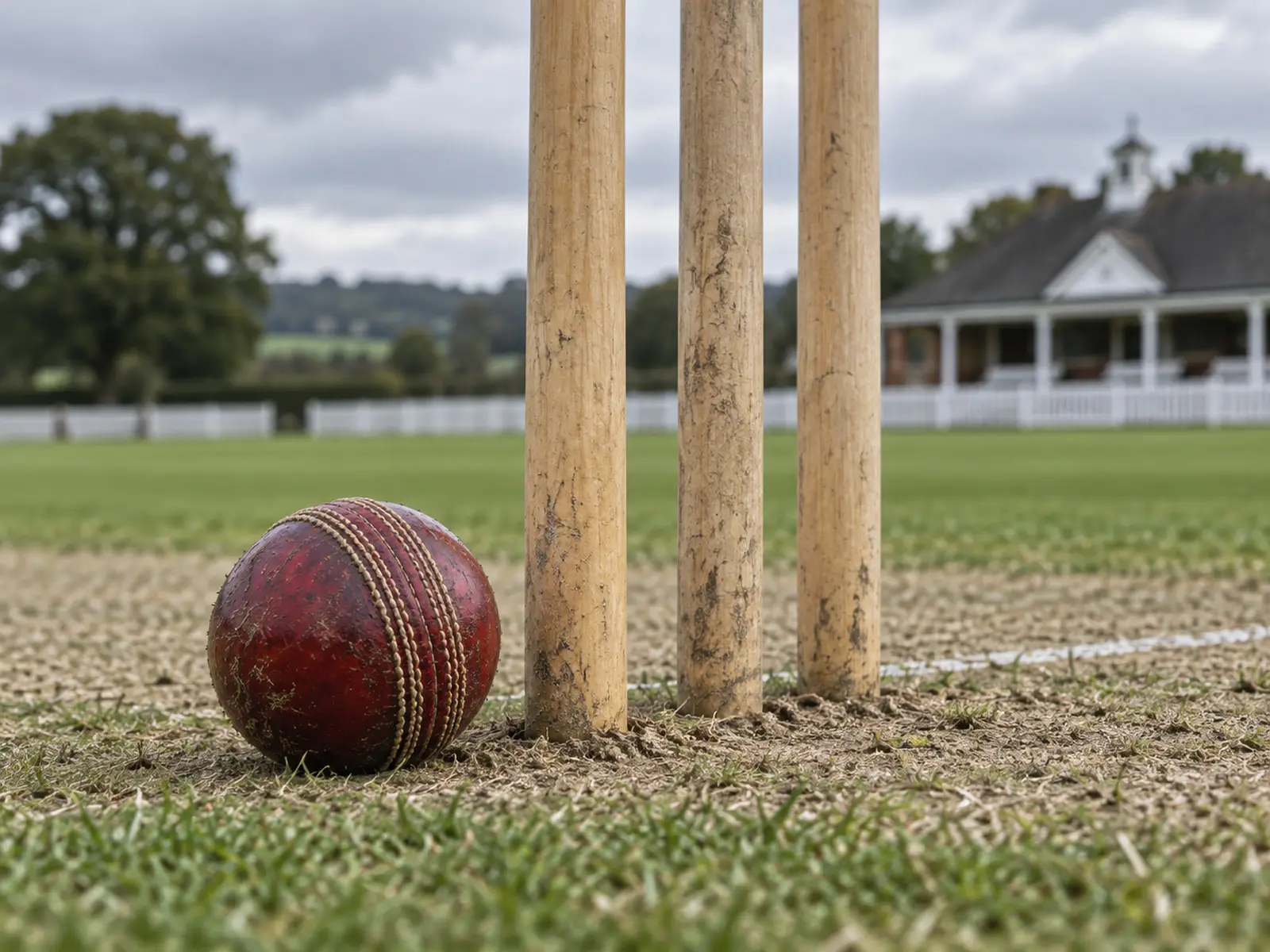 Conceptual image of a red cricket ball beside the stumps