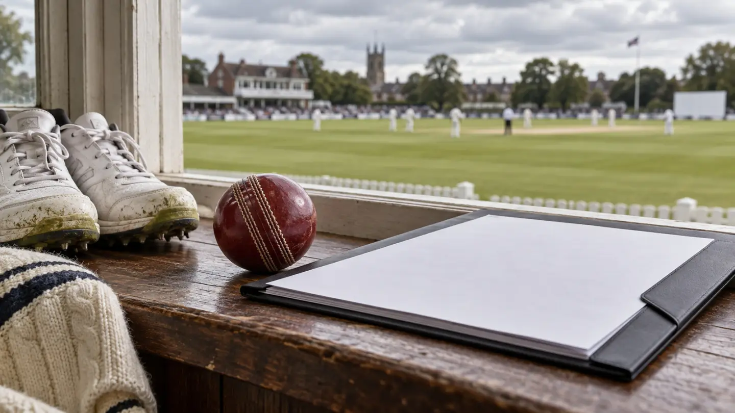 Conceptual image of cricket ball and blank contract folder beside an English county ground