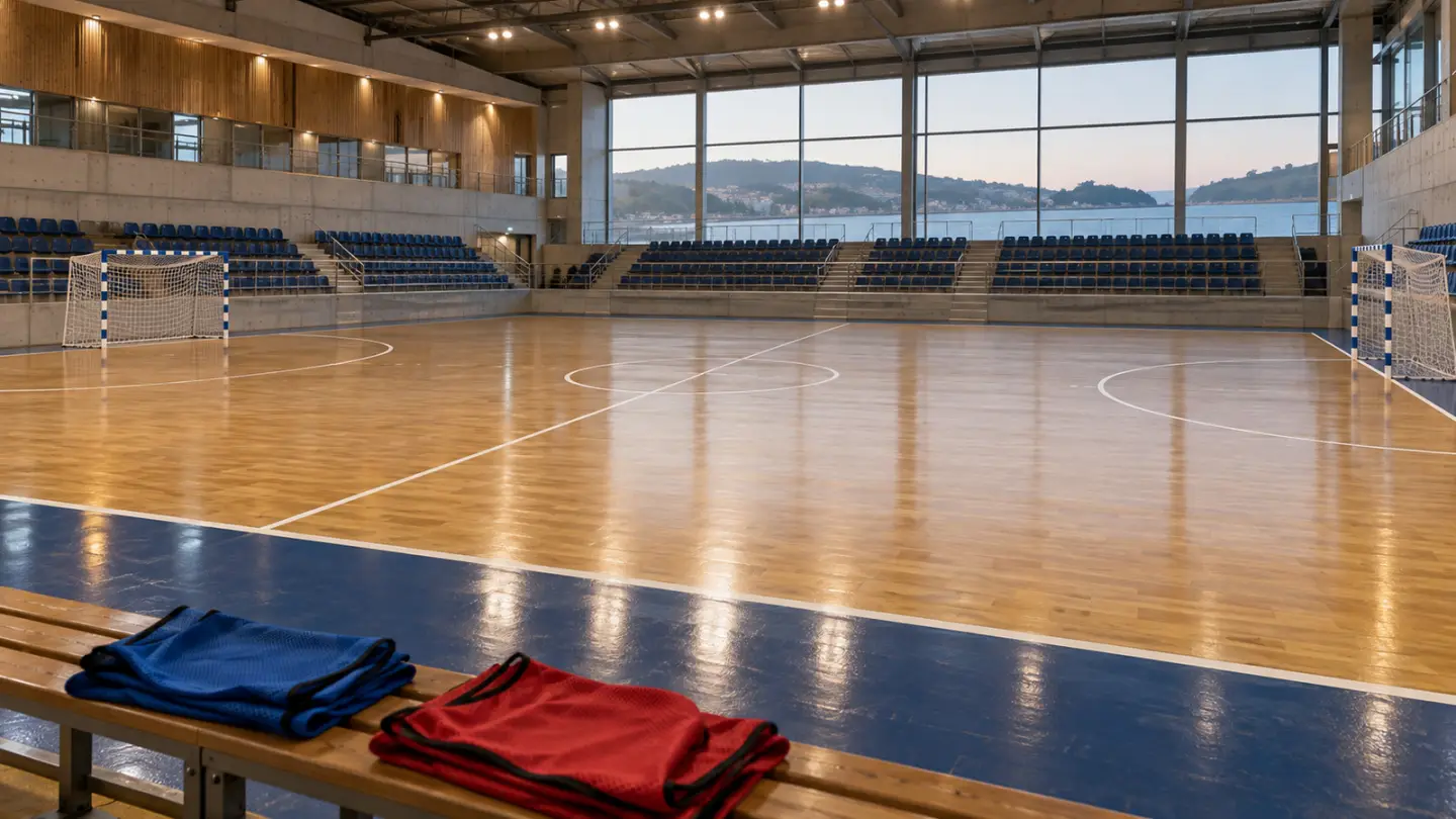 Conceptual image of an empty indoor futsal court with red and blue training bibs