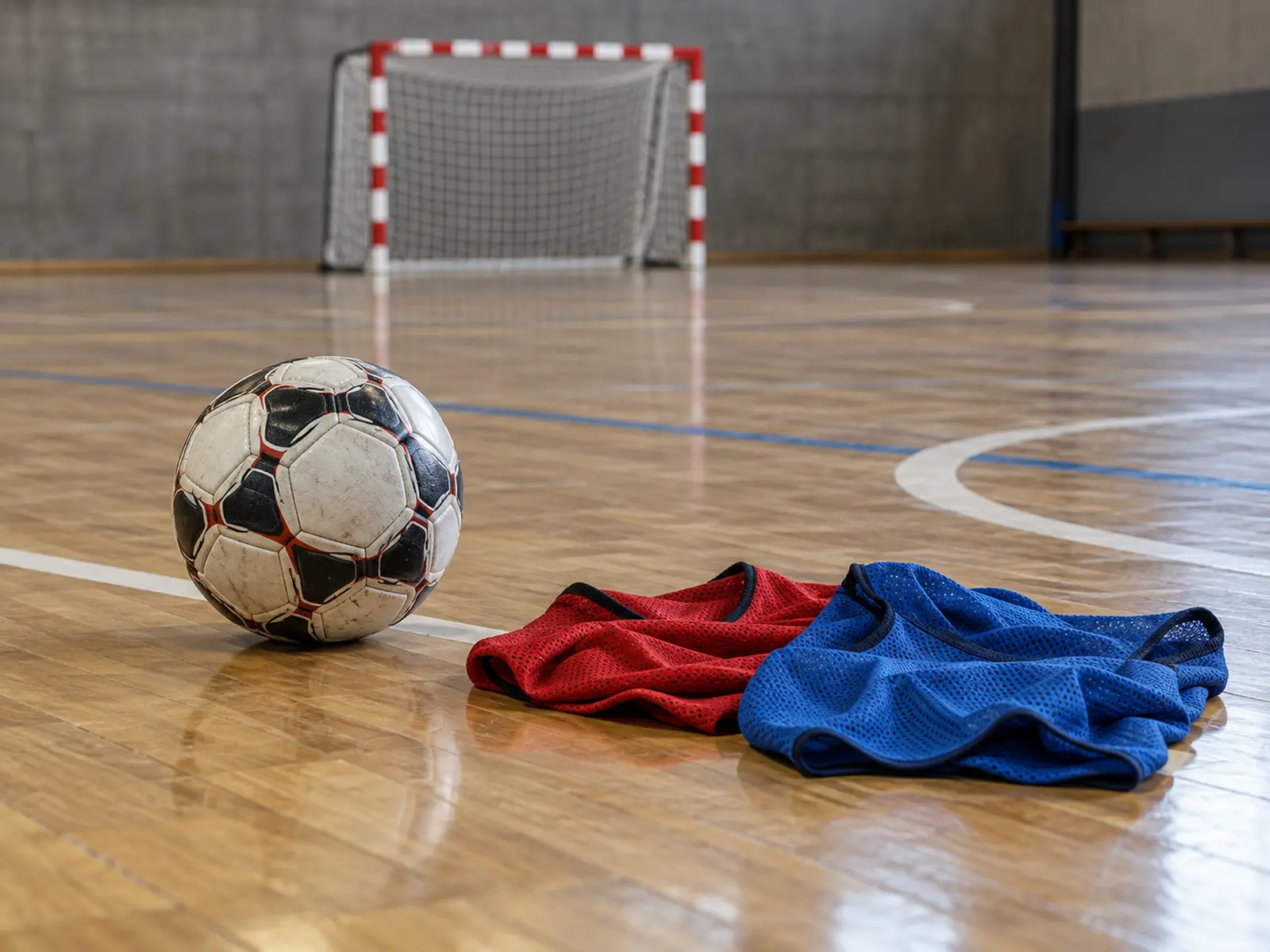 Conceptual image of a futsal ball and red and blue bibs on an indoor court