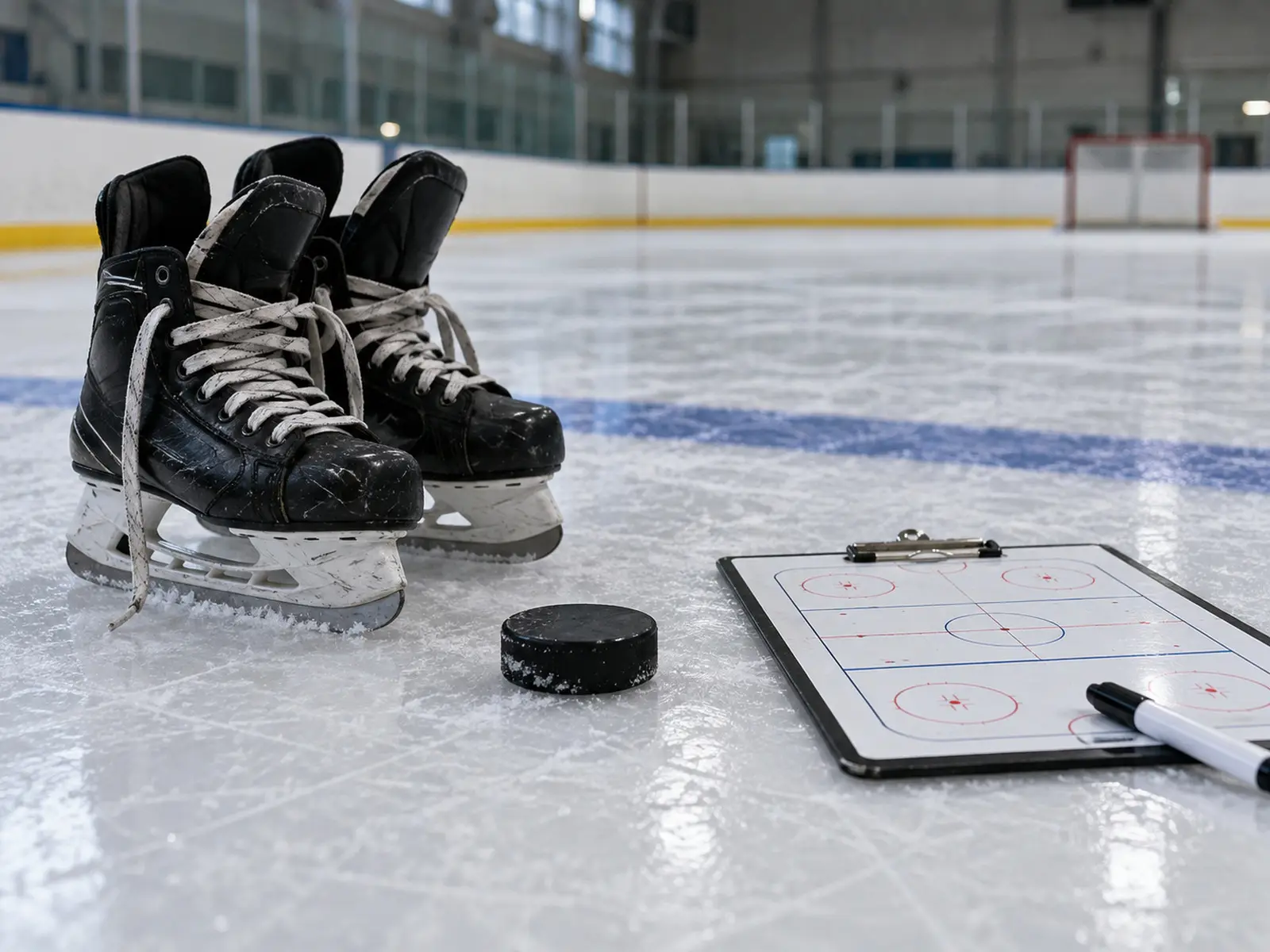 Conceptual image of skates, puck and tactics board on an ice rink