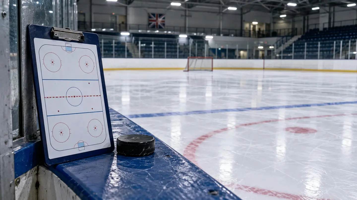 Conceptual image of an empty British ice rink with a coaching board