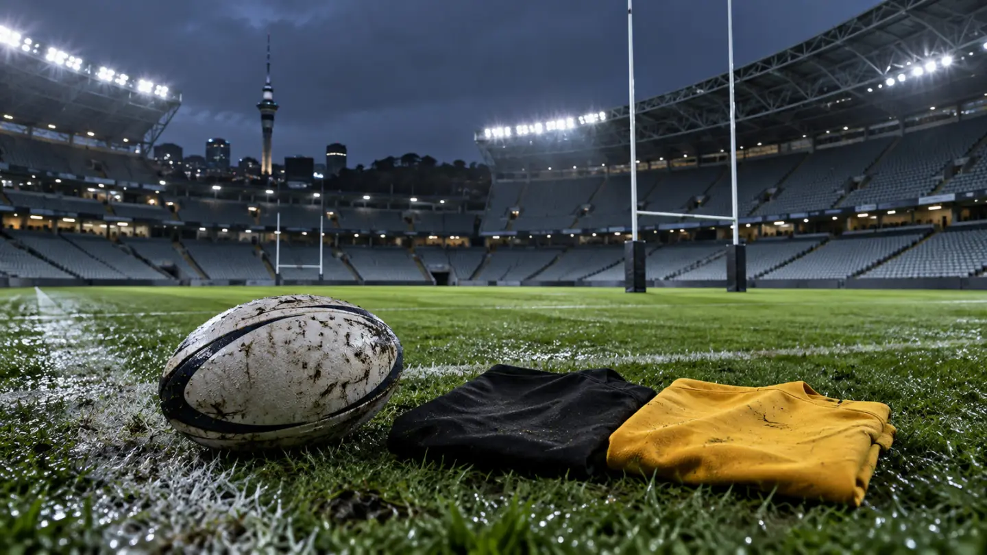 Conceptual image of a rugby ball and plain black and gold shirts in an empty stadium