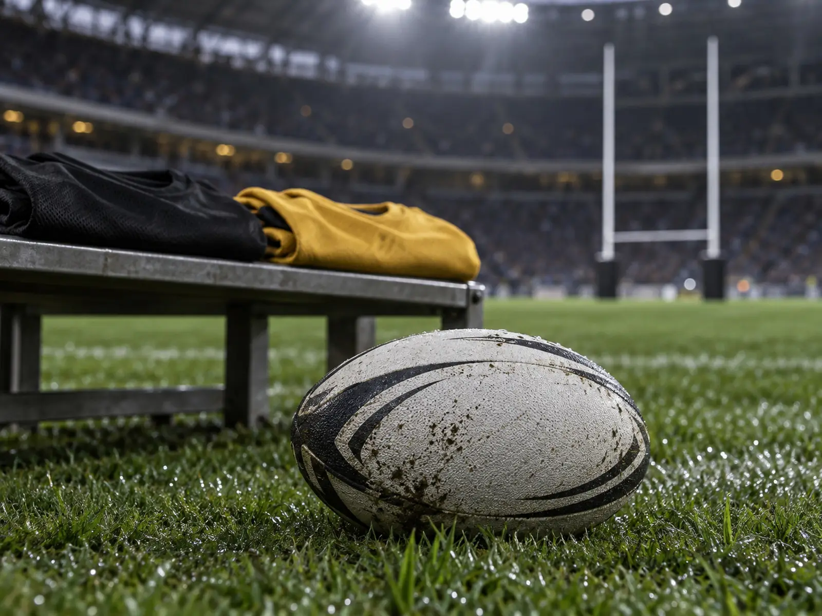 Conceptual image of a rugby ball beside black and gold training shirts