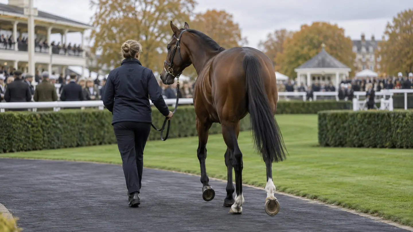 Conceptual image of an anonymous thoroughbred walking through an English racing paddock