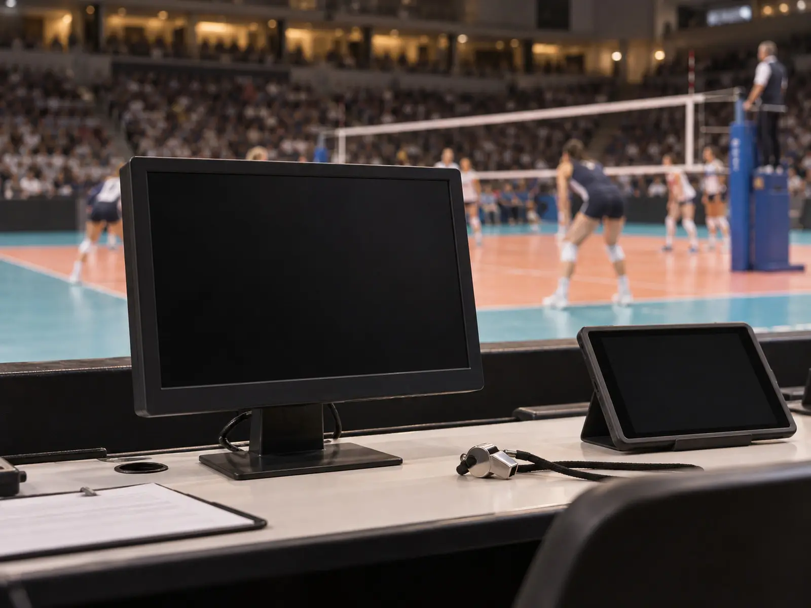 Conceptual image of a video review table beside a volleyball match