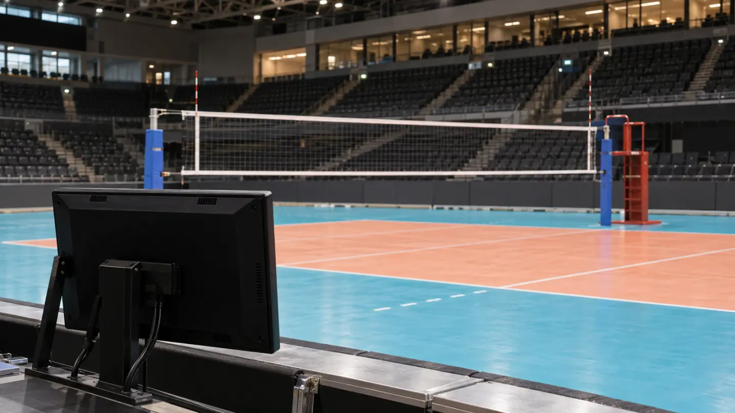 Conceptual image of a video review monitor beside an empty volleyball court