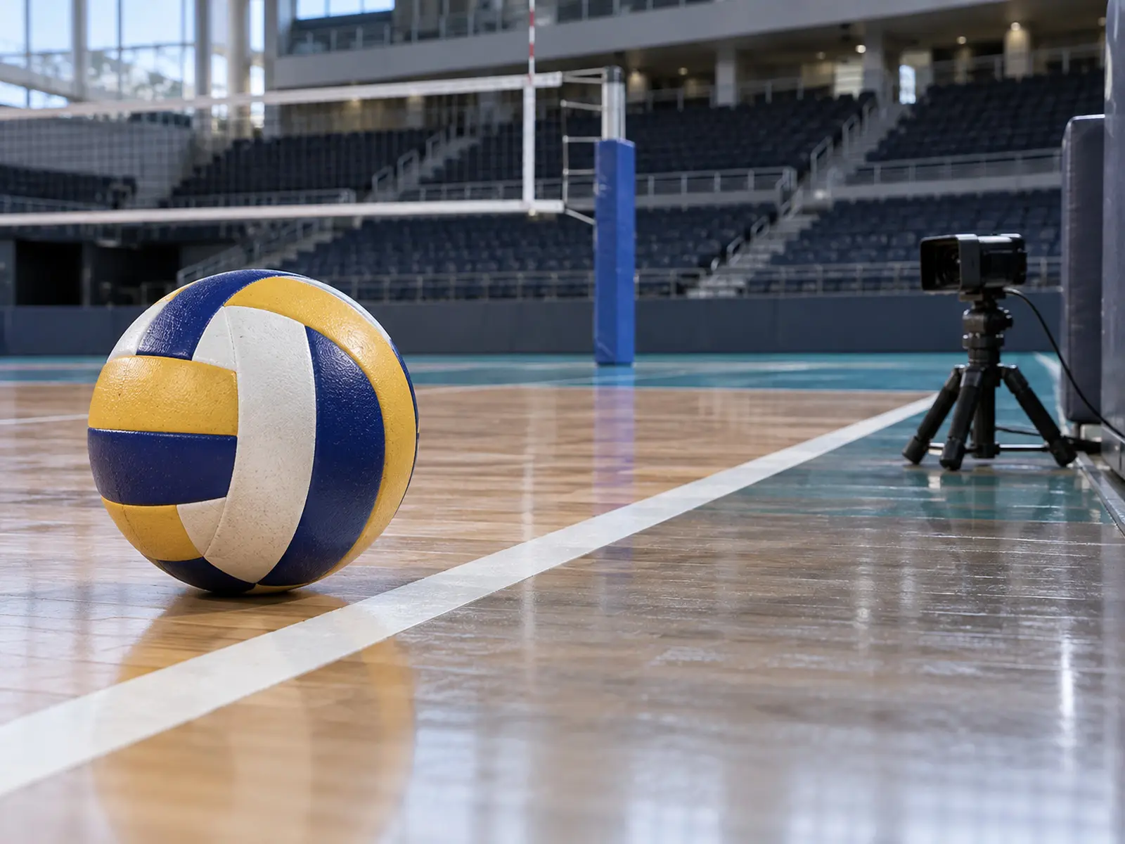 Conceptual image of a ball and line camera on a volleyball court