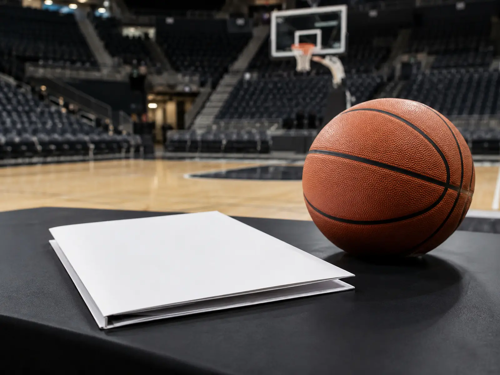 Conceptual image of a basketball and blank contract folder courtside