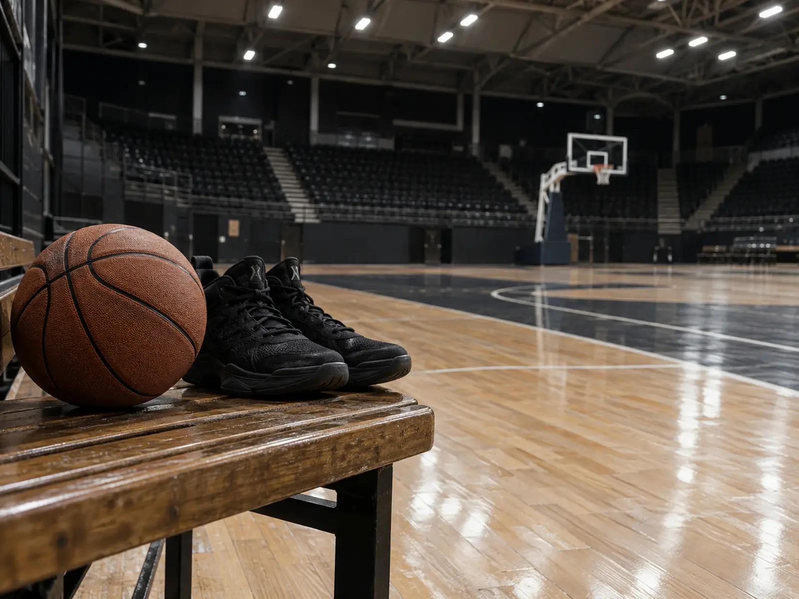 Conceptual image of basketball shoes and ball beside an empty court