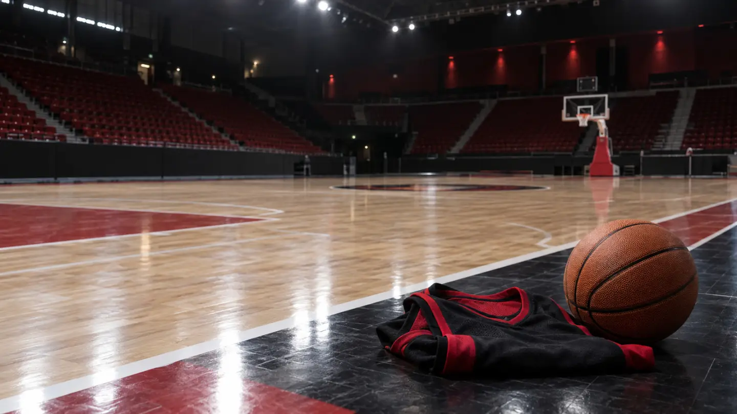 Conceptual image of a basketball and plain jersey in an empty arena