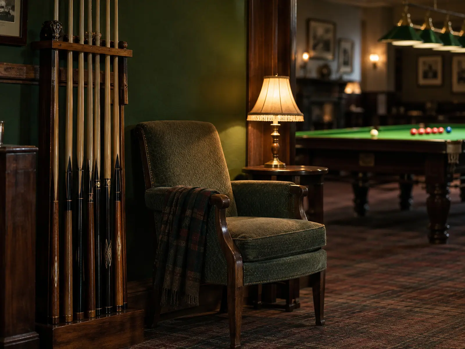 Conceptual image of a quiet snooker club with cue rack and empty chair