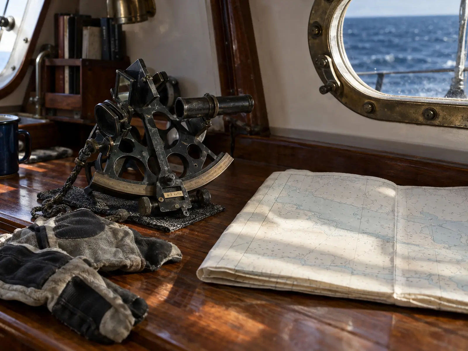 Conceptual image of a sextant and nautical chart aboard a yacht
