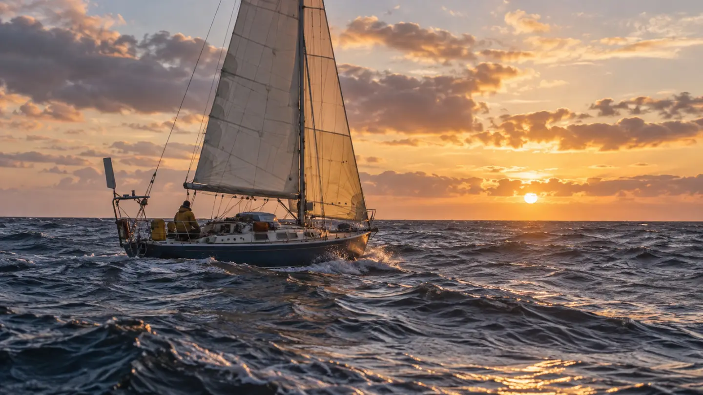 Conceptual image of a solo yacht crossing the Atlantic at dawn