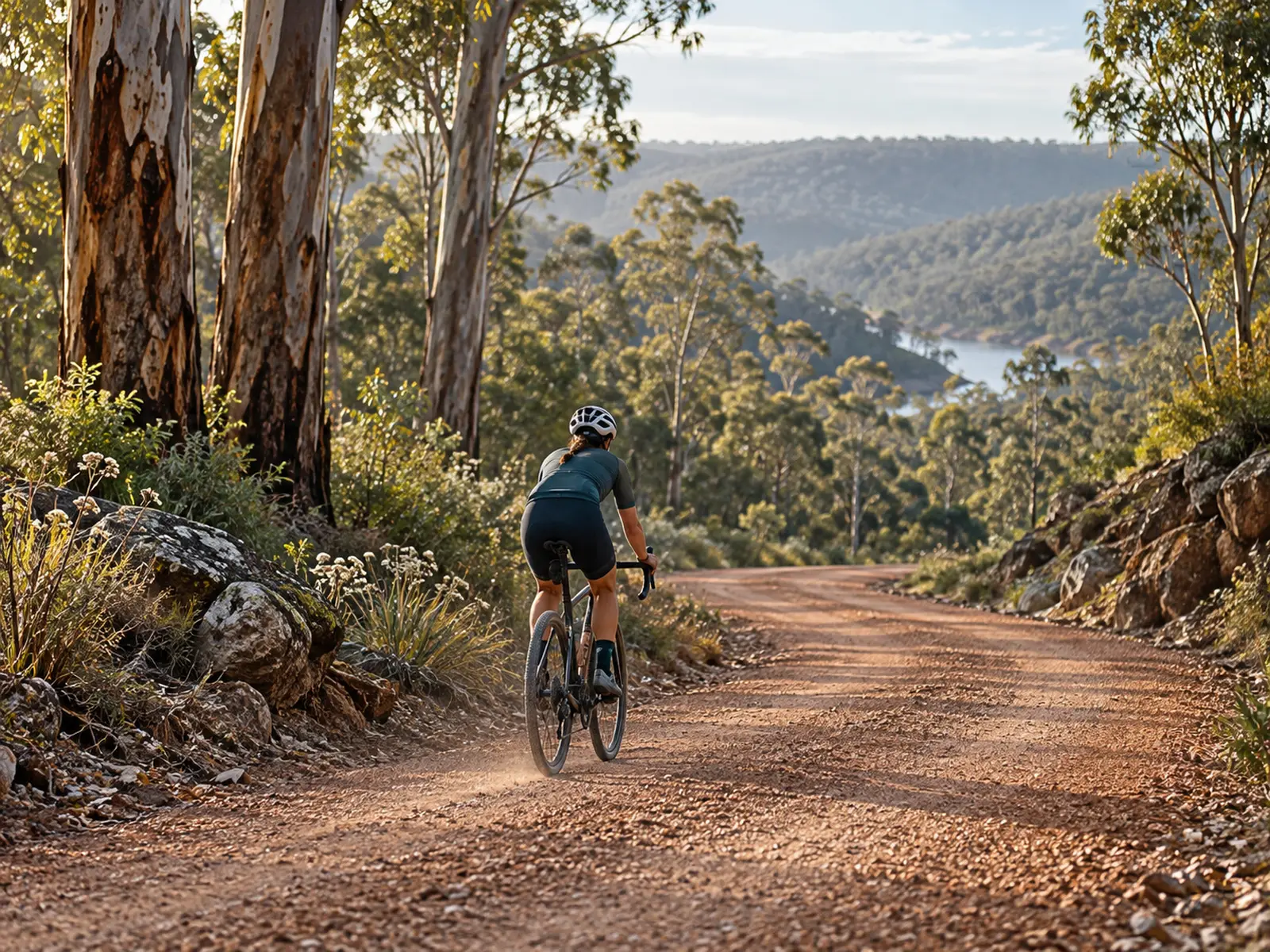 AI-generated conceptual illustration of an anonymous female gravel cyclist in eucalyptus woodland; not Marianne Vos or the actual race