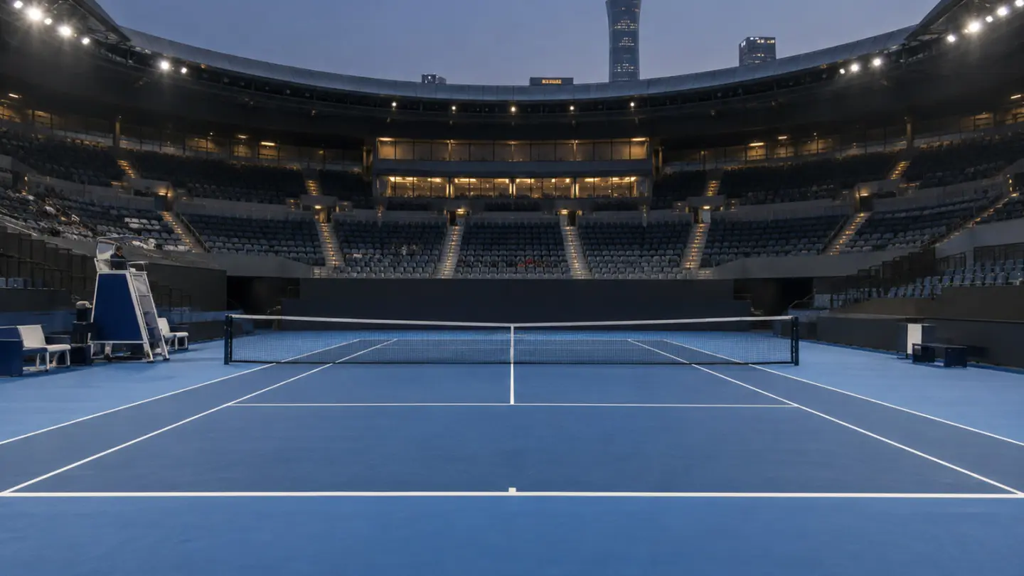 Conceptual image of a tennis hard court at dusk; illustrative AI-generated image, not the reported event