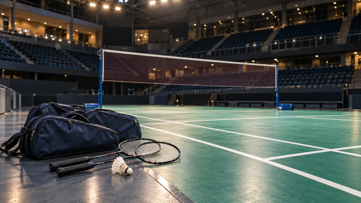 Conceptual image of a badminton court before a doubles match; illustrative AI-generated image, not the reported event