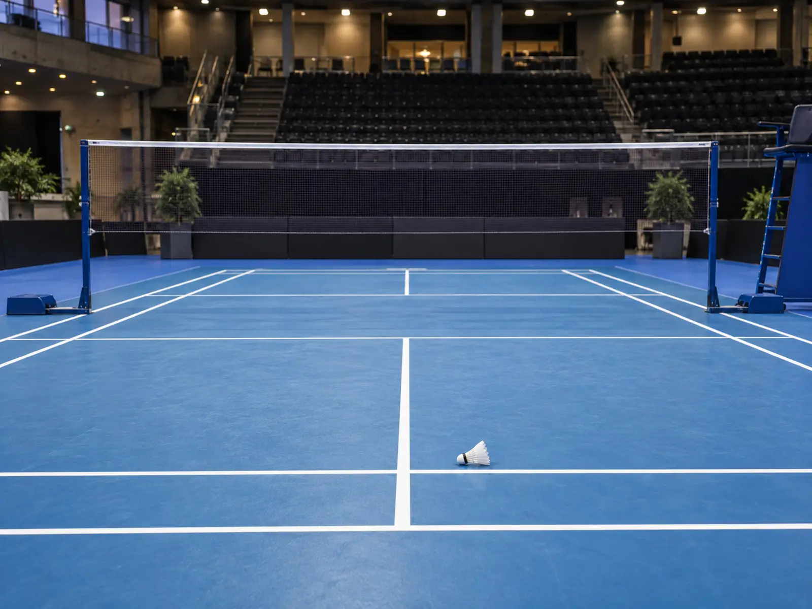 Conceptual image of an empty badminton competition court; illustrative AI-generated image, not the reported event