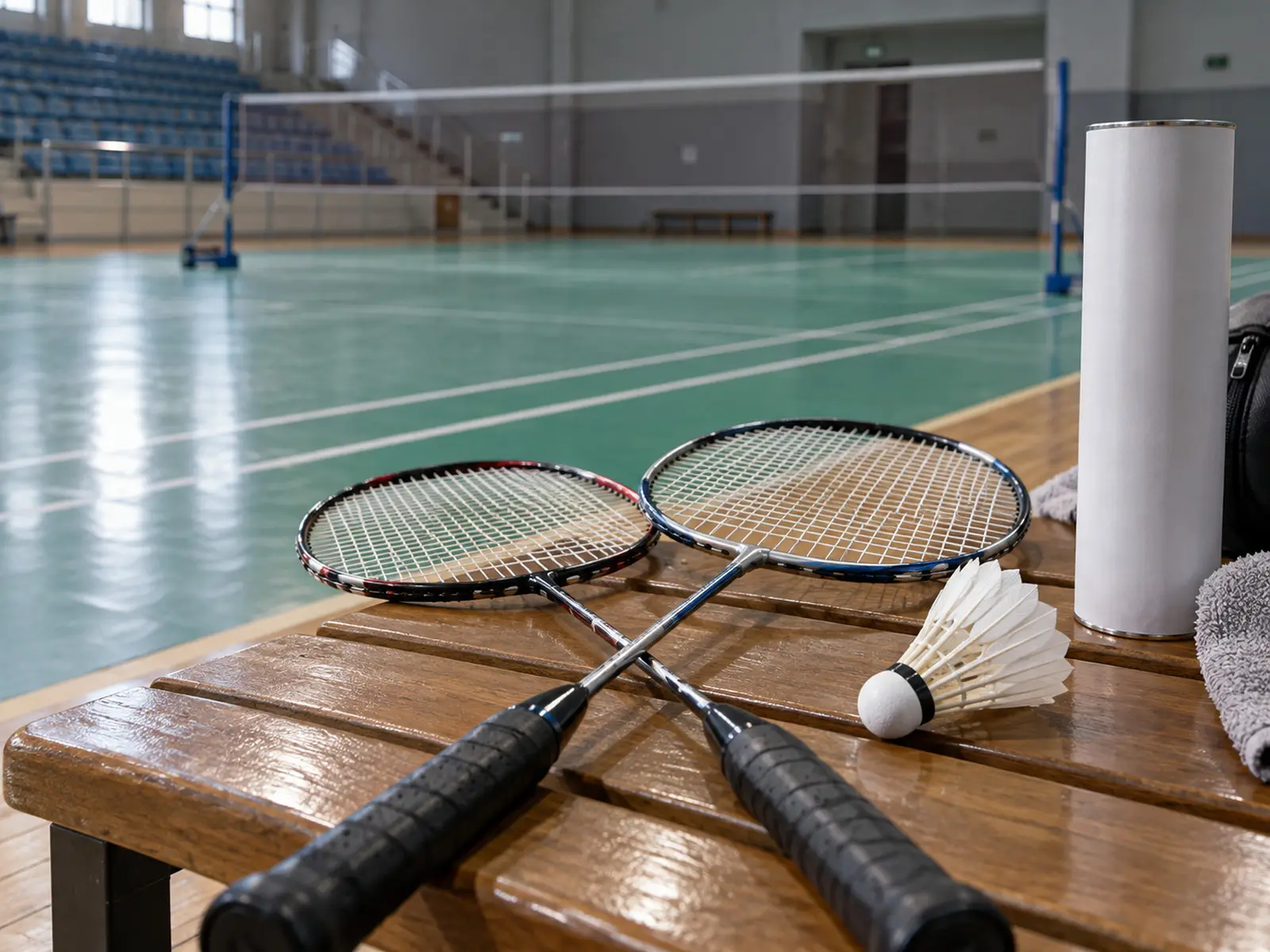 Conceptual close-up of badminton rackets and shuttlecock; illustrative AI-generated image, not the reported event