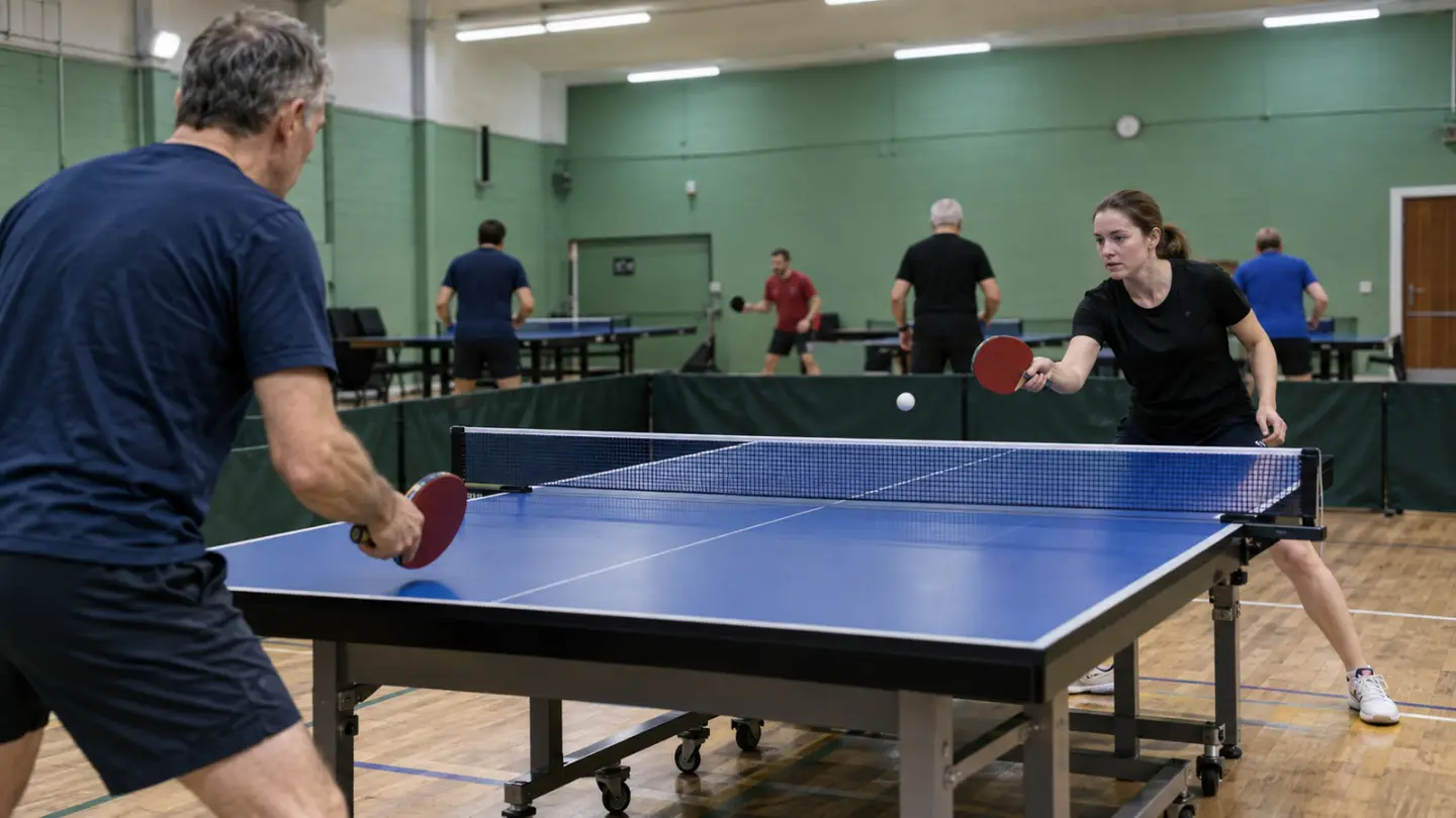 Conceptual image of a British table-tennis league match; illustrative AI-generated image, not the reported event