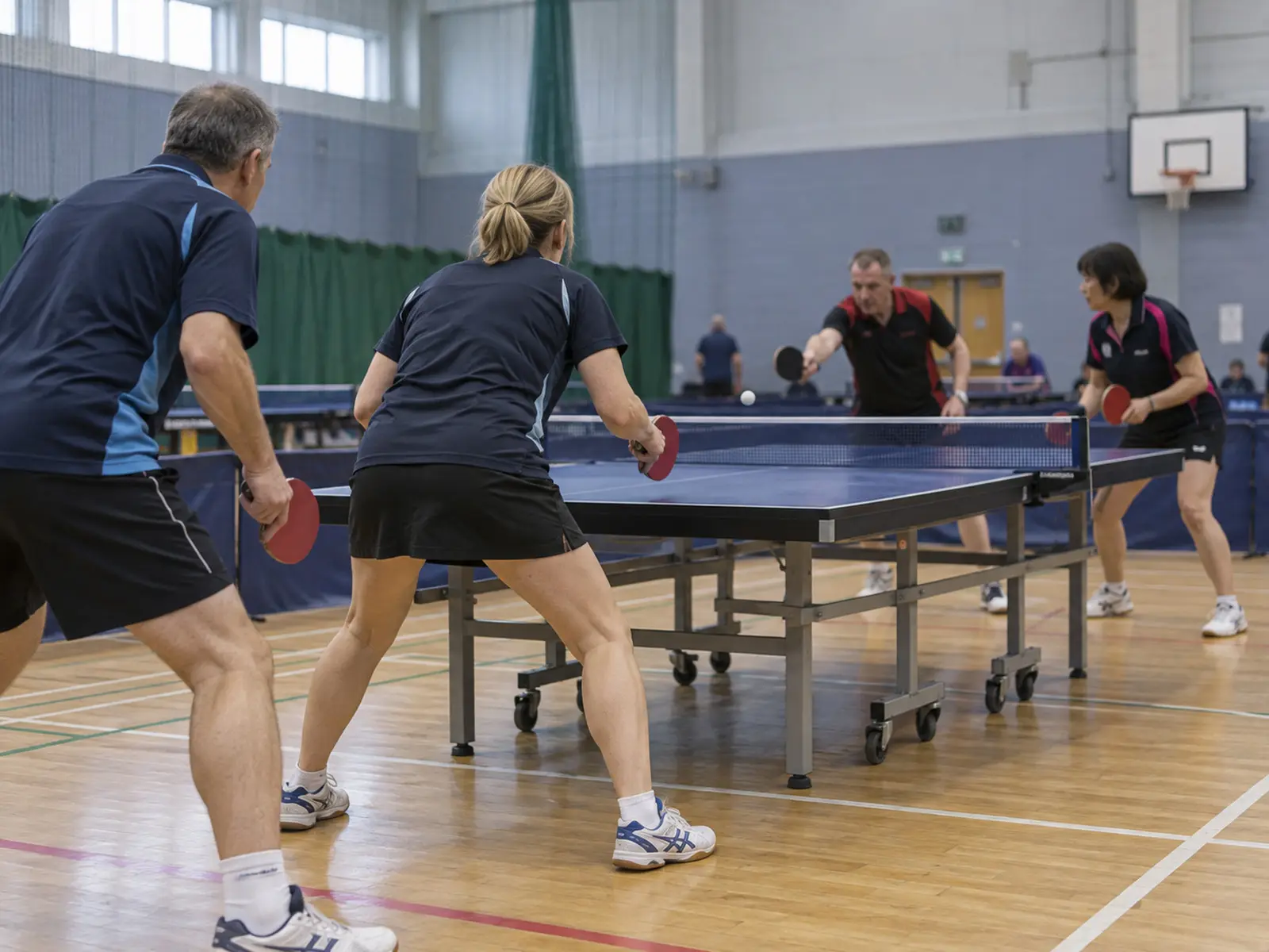Conceptual image of an indoor table-tennis doubles match; illustrative AI-generated image, not the reported event