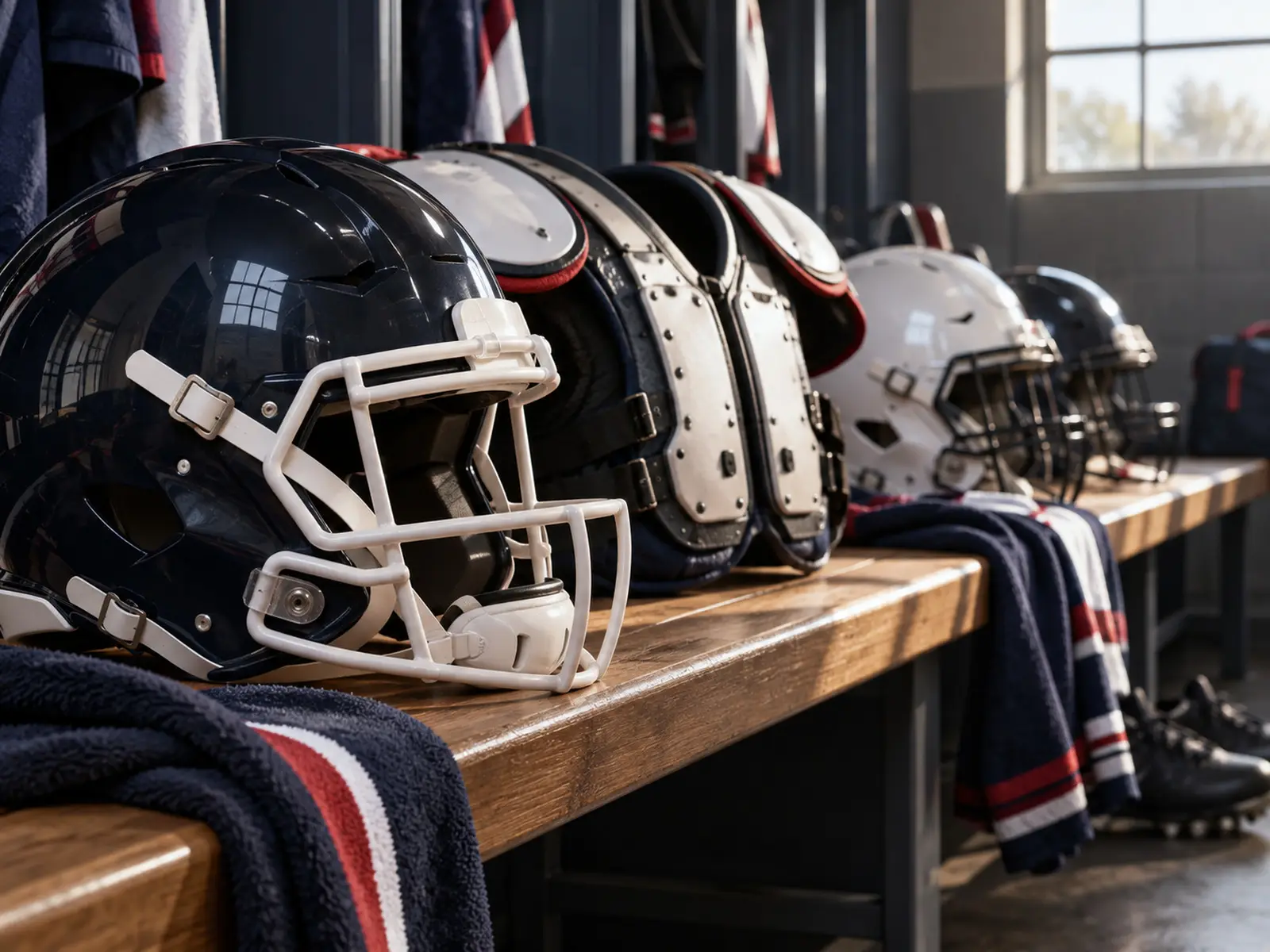 Conceptual image of American football helmets and pads before training; AI-generated illustration, not the Great Britain squad or Georgia match