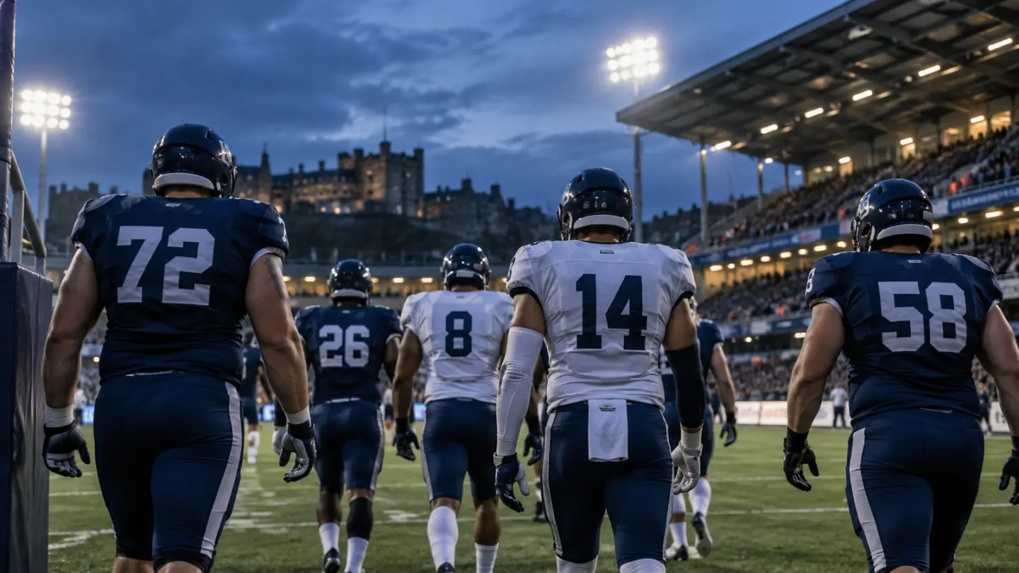 Conceptual image of anonymous American football players entering a stadium; AI-generated illustration, not the Great Britain squad or Georgia match