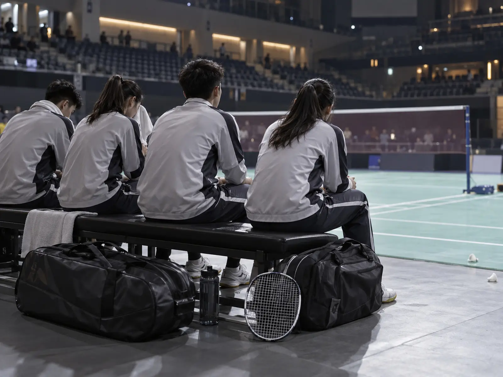 Conceptual image of junior badminton team members courtside; AI-generated illustration, not the Malaysia–China final