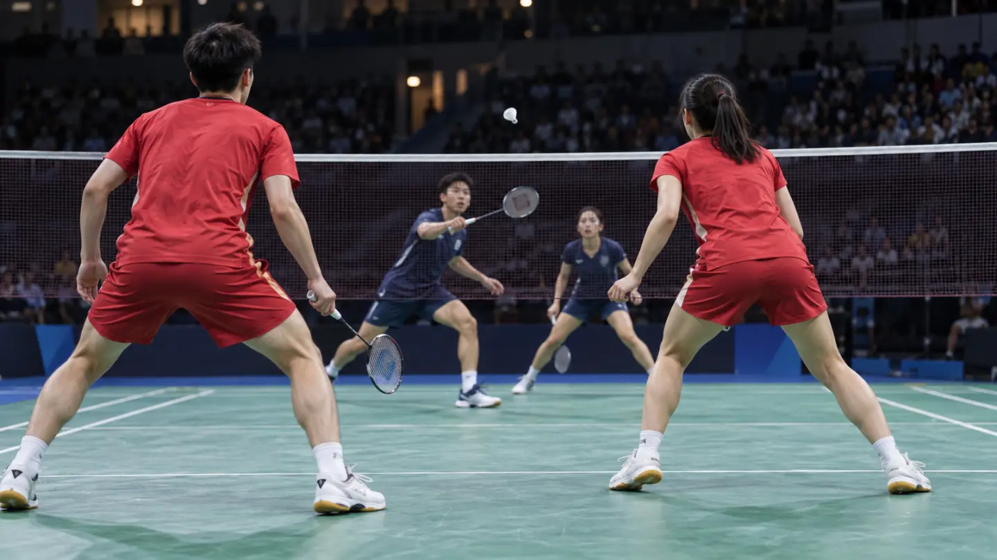 Conceptual image of an international junior badminton doubles final; AI-generated illustration, not the Malaysia–China final