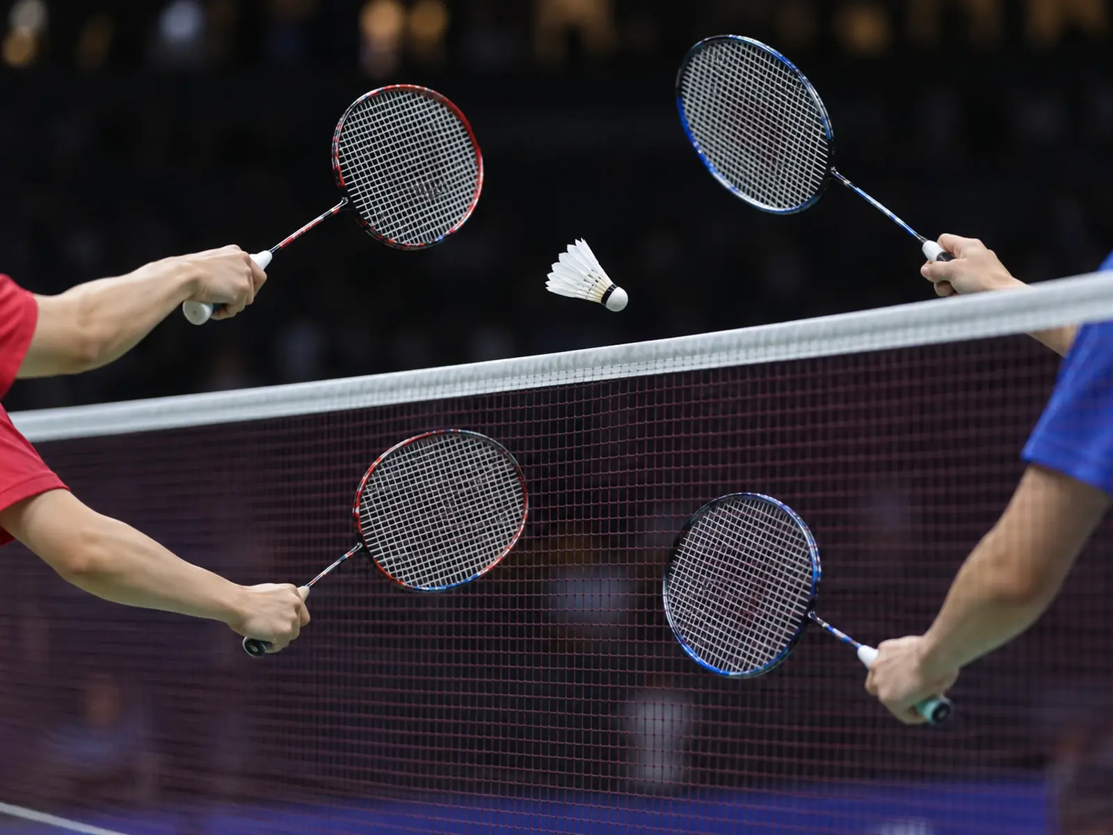 Conceptual close-up of a badminton doubles rally at the net; AI-generated illustration, not the Malaysia–China final