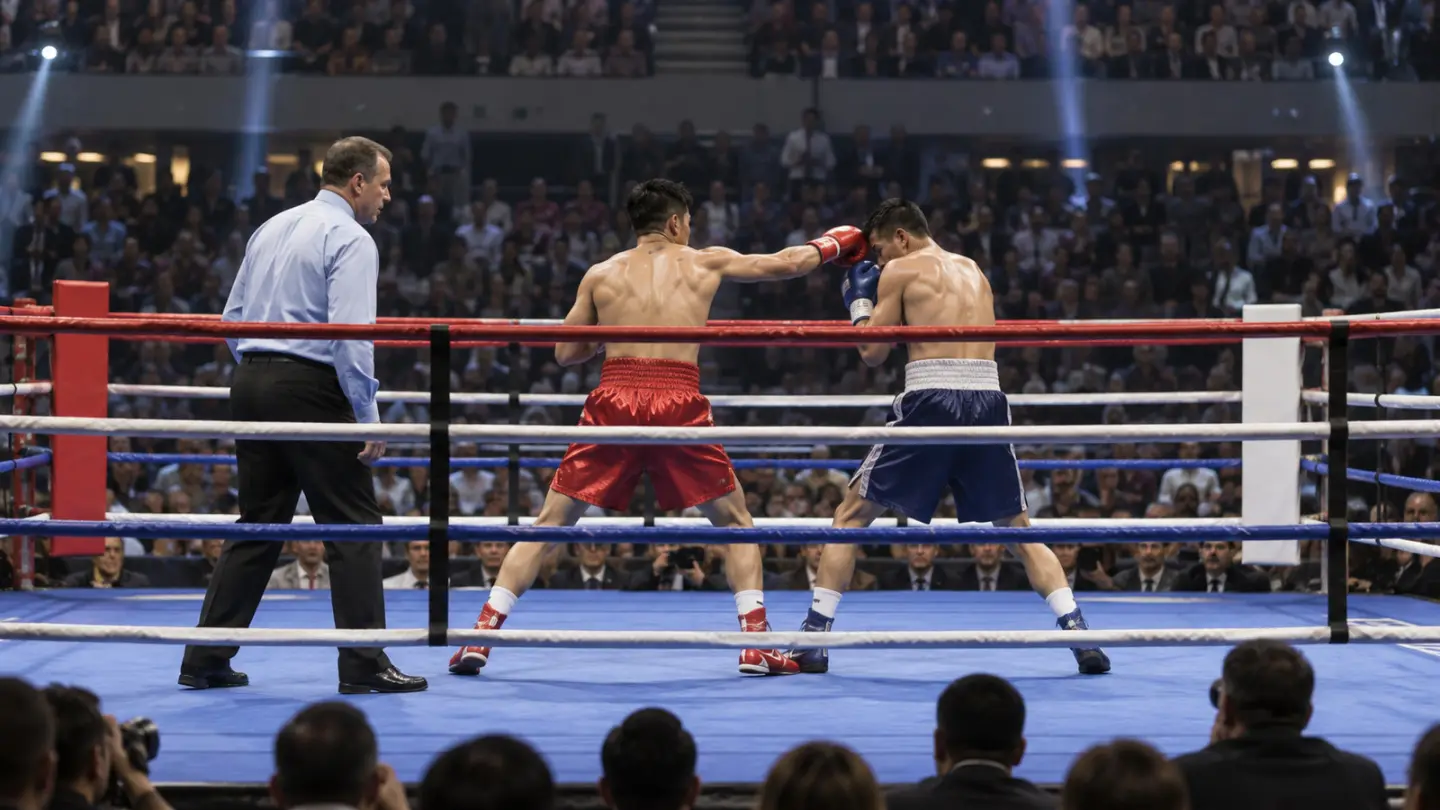 Conceptual image of two anonymous flyweight boxers in an arena; AI-generated illustration, not Mendoza v Sandoval
