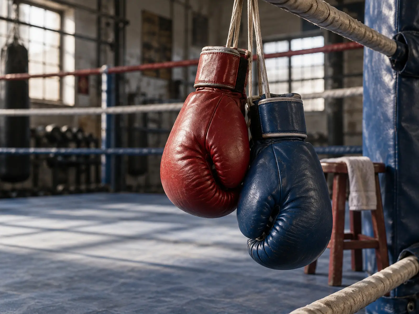 Conceptual image of boxing gloves hanging beside an empty ring; AI-generated illustration, not Mendoza v Sandoval