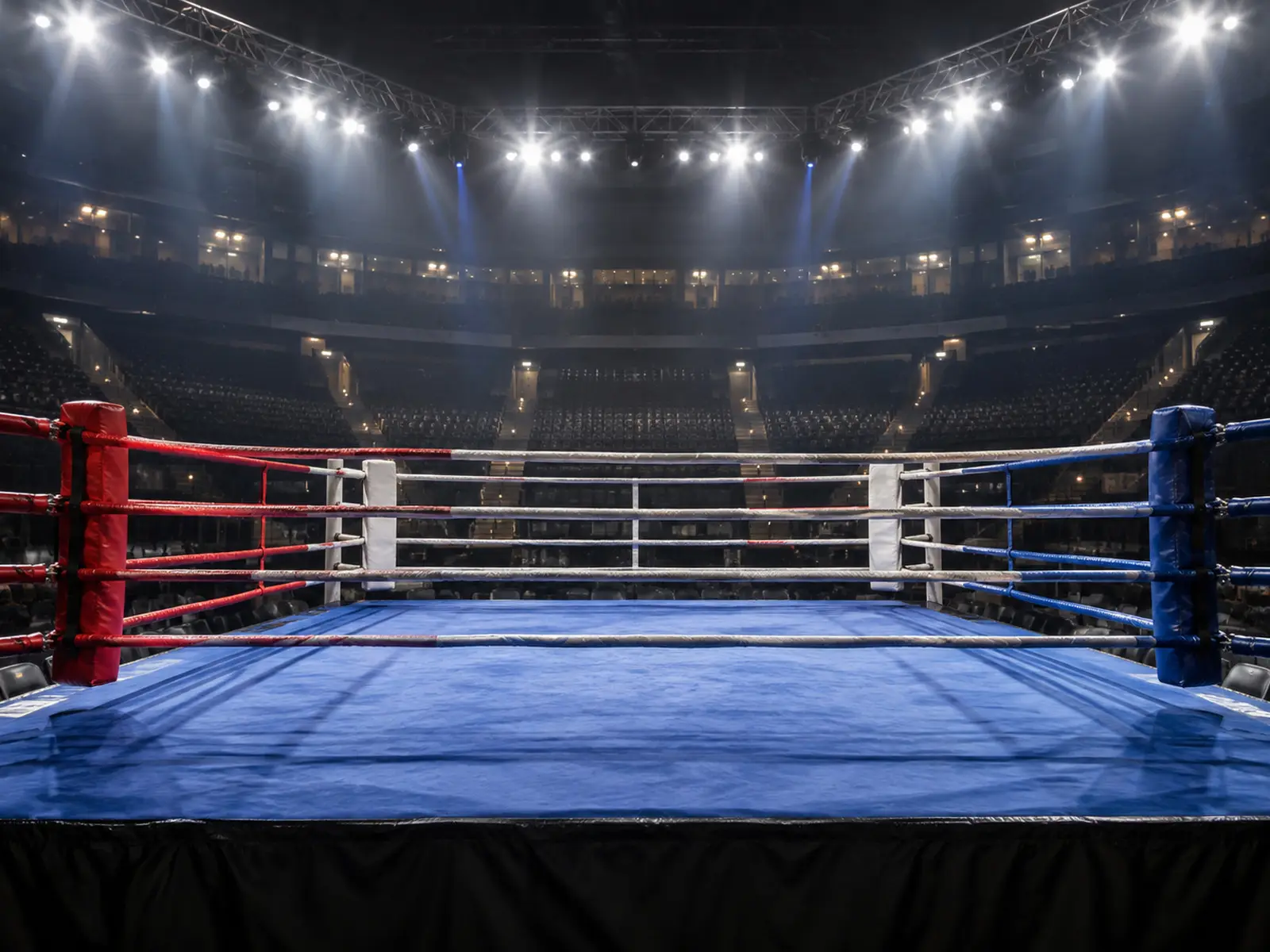 Conceptual image of an empty professional boxing arena; AI-generated illustration, not Mendoza v Sandoval