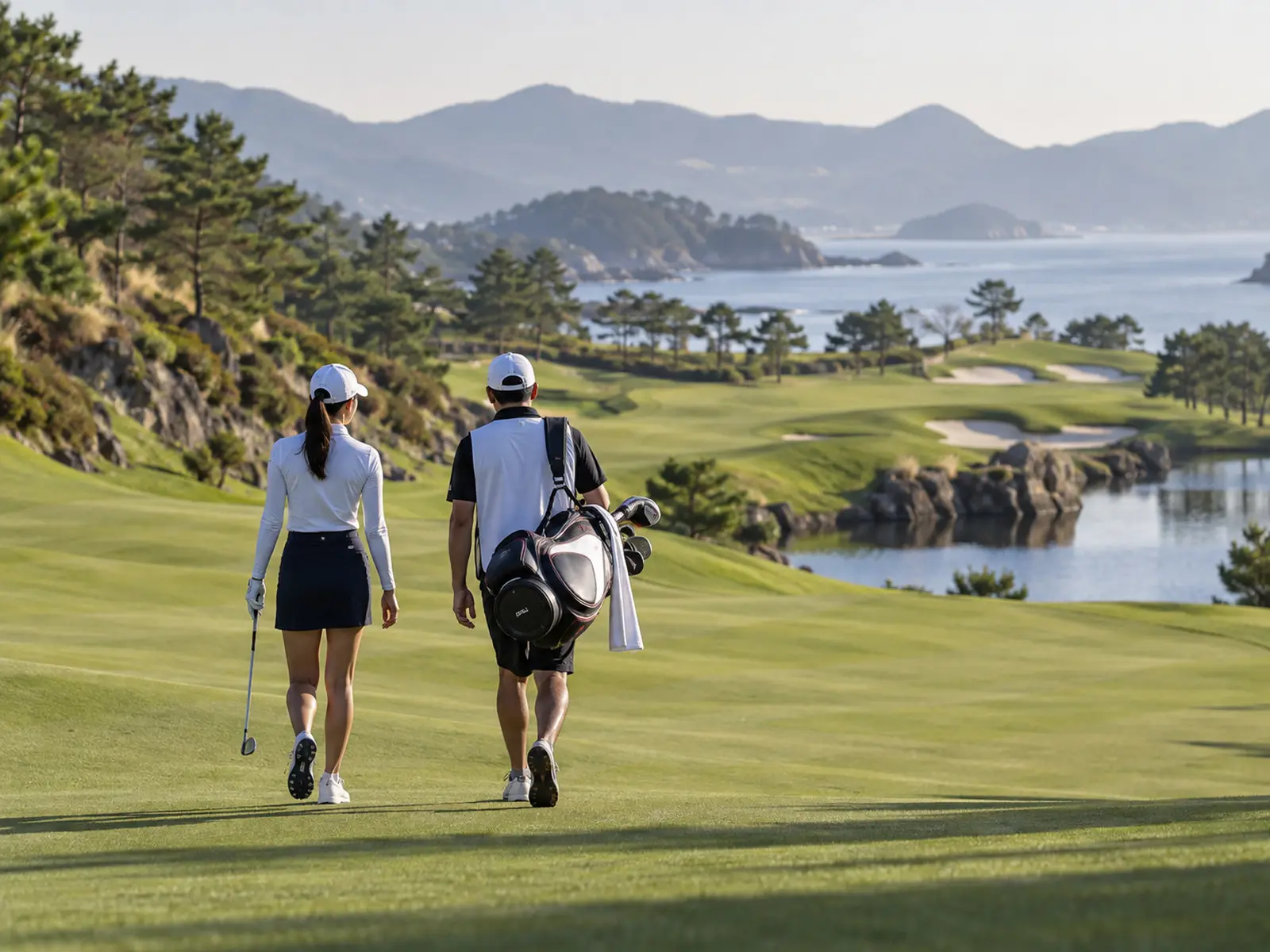 Conceptual image of a golfer and caddie walking a course; AI-generated illustration, not the reported event or named athlete