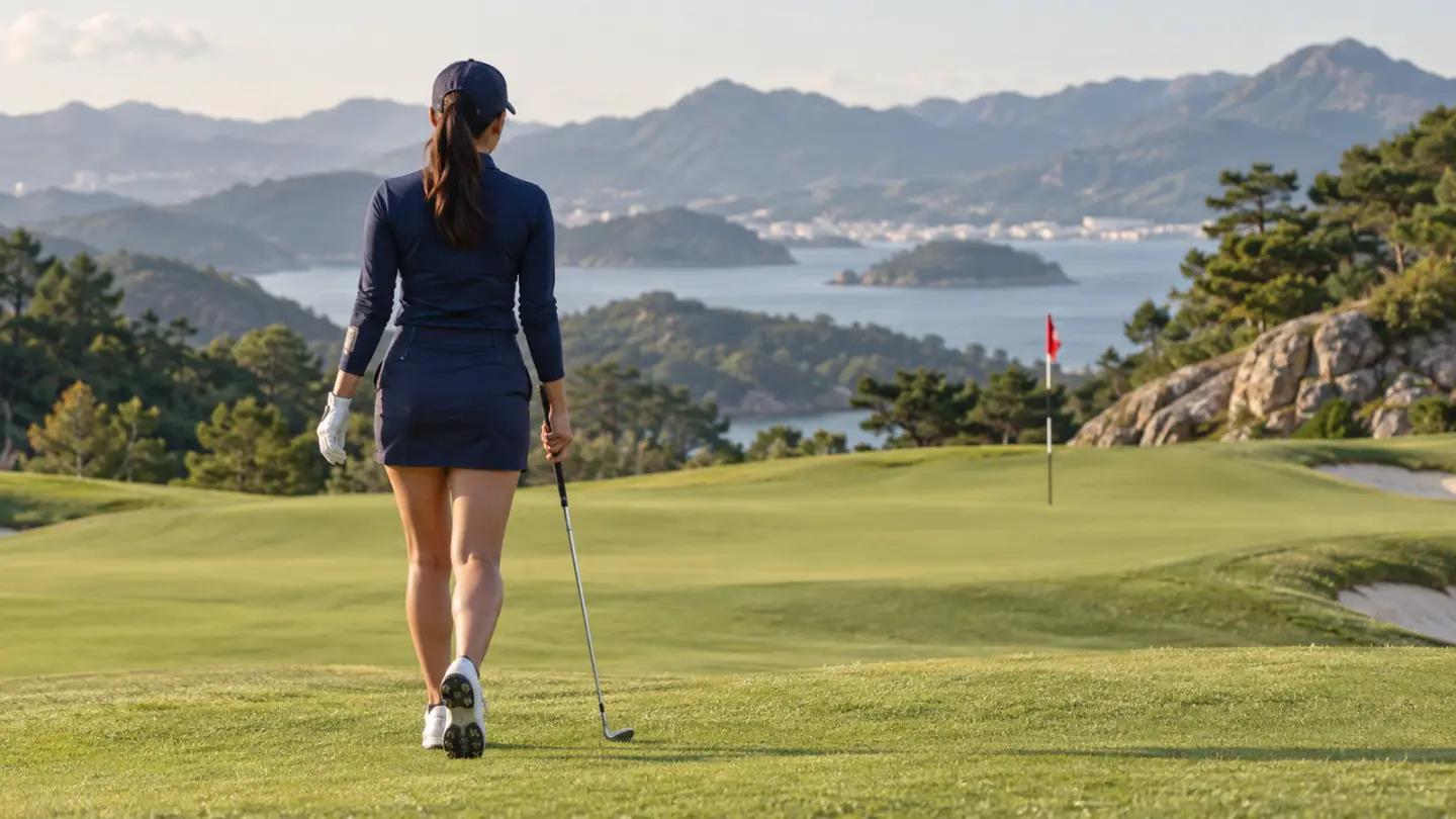 Conceptual image of an anonymous woman golfer on a Korean-style course; AI-generated illustration, not the reported event or named athlete