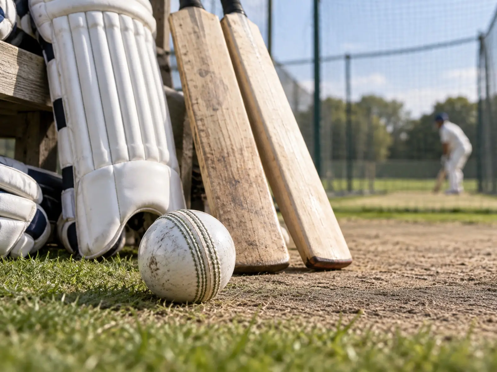 Conceptual image of ODI cricket bat, pads and ball; AI-generated illustration, not the reported event or named athlete