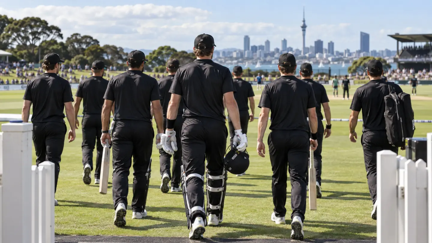 Conceptual image of an anonymous New Zealand-style cricket squad; AI-generated illustration, not the reported event or named athlete