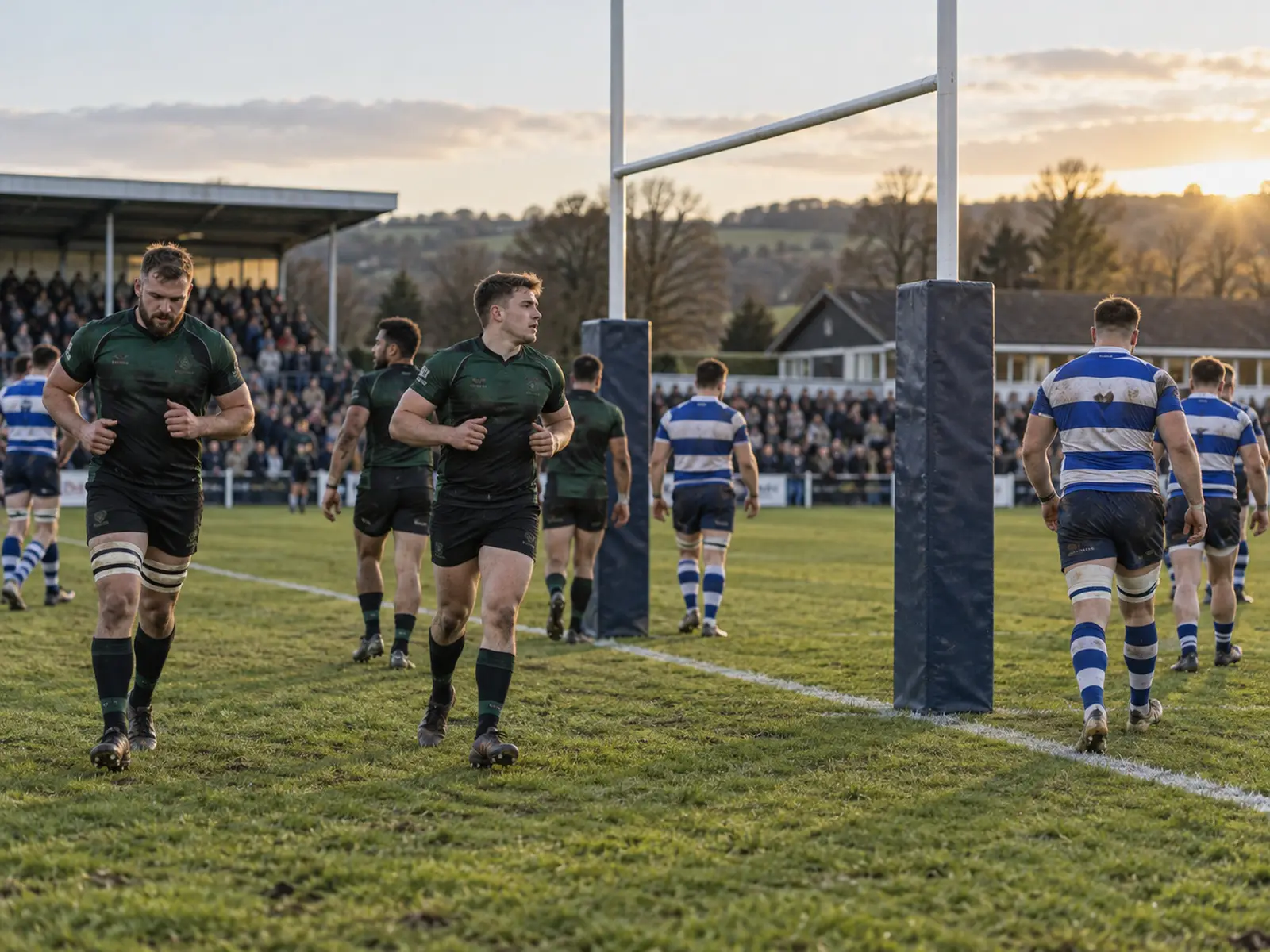 Conceptual image of rugby players near the goalposts; AI-generated illustration, not the reported event or named athlete