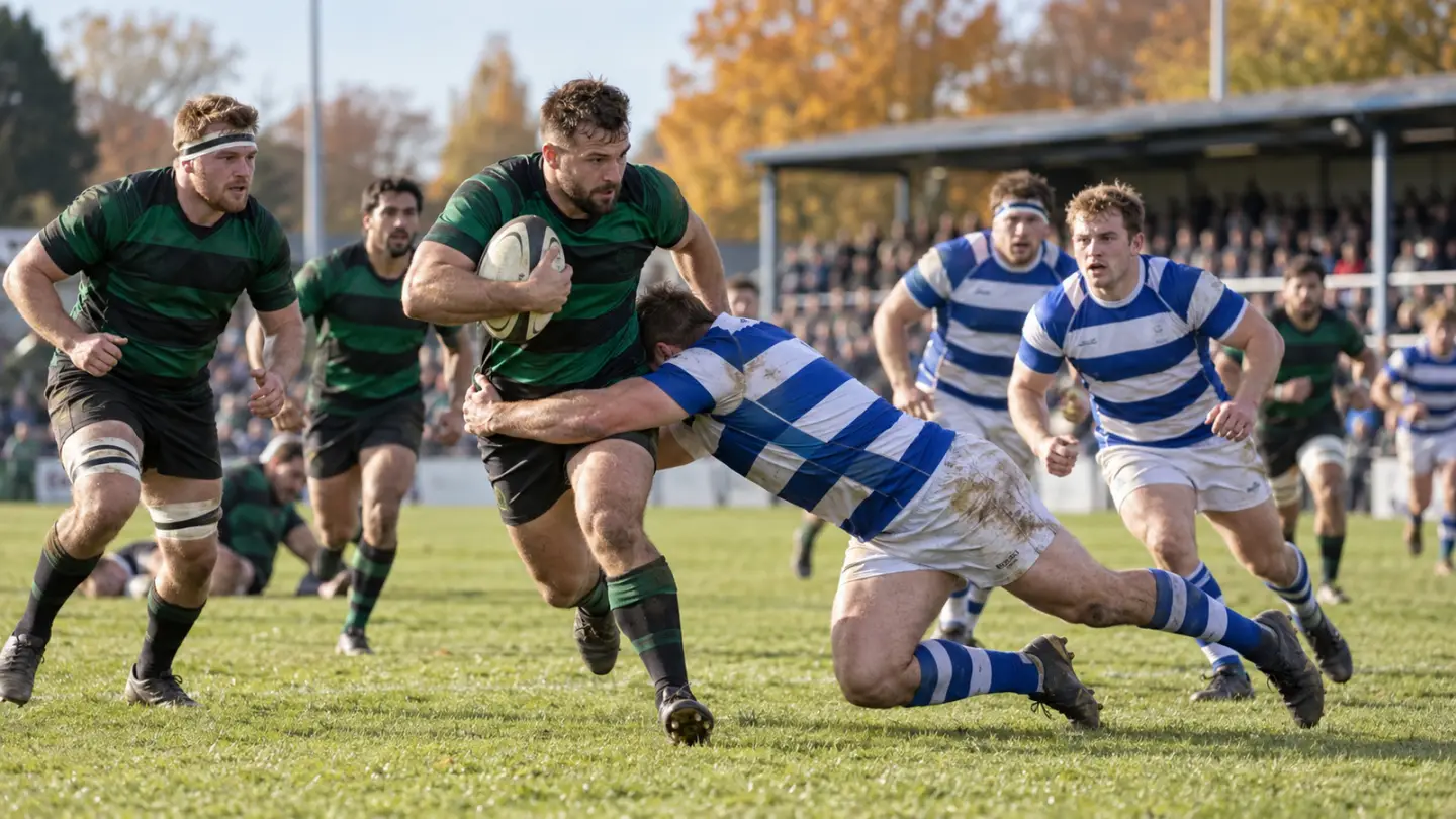 Conceptual image of a rugby union match in green and blue kits; AI-generated illustration, not the reported event or named athlete