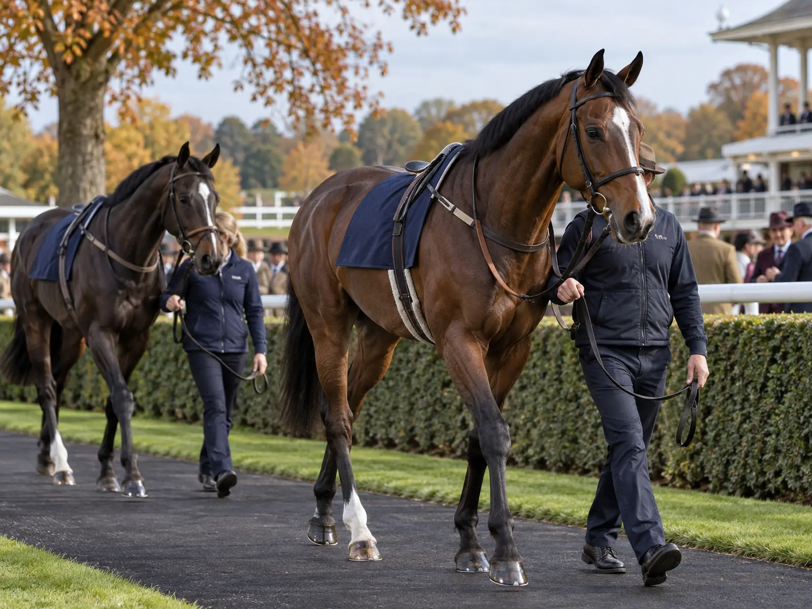 Conceptual image of horses in a British racecourse paddock; AI-generated illustration, not the reported event or named athlete