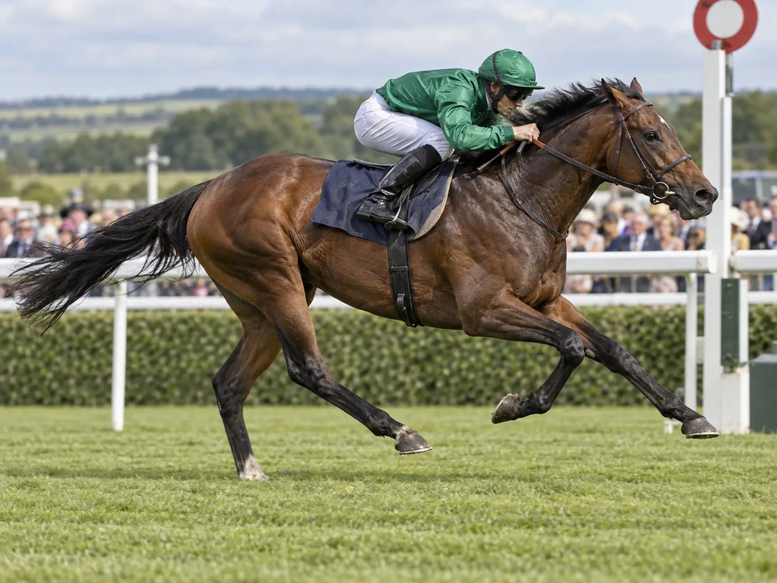 Conceptual image of an anonymous racehorse galloping on turf; AI-generated illustration, not the reported event or named athlete