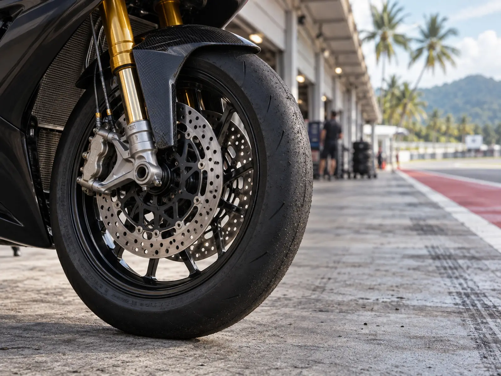 Conceptual close-up of a racing motorcycle wheel in a pit lane; AI-generated illustration, not the reported event or named athlete
