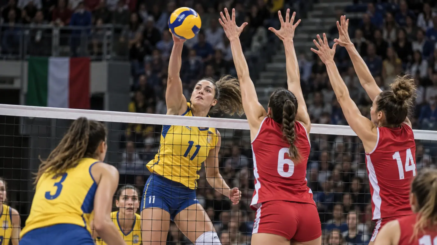Conceptual illustration of Vallefoglia and Scandicci women volleyball match; AI-generated, not a photograph of the actual participants or event