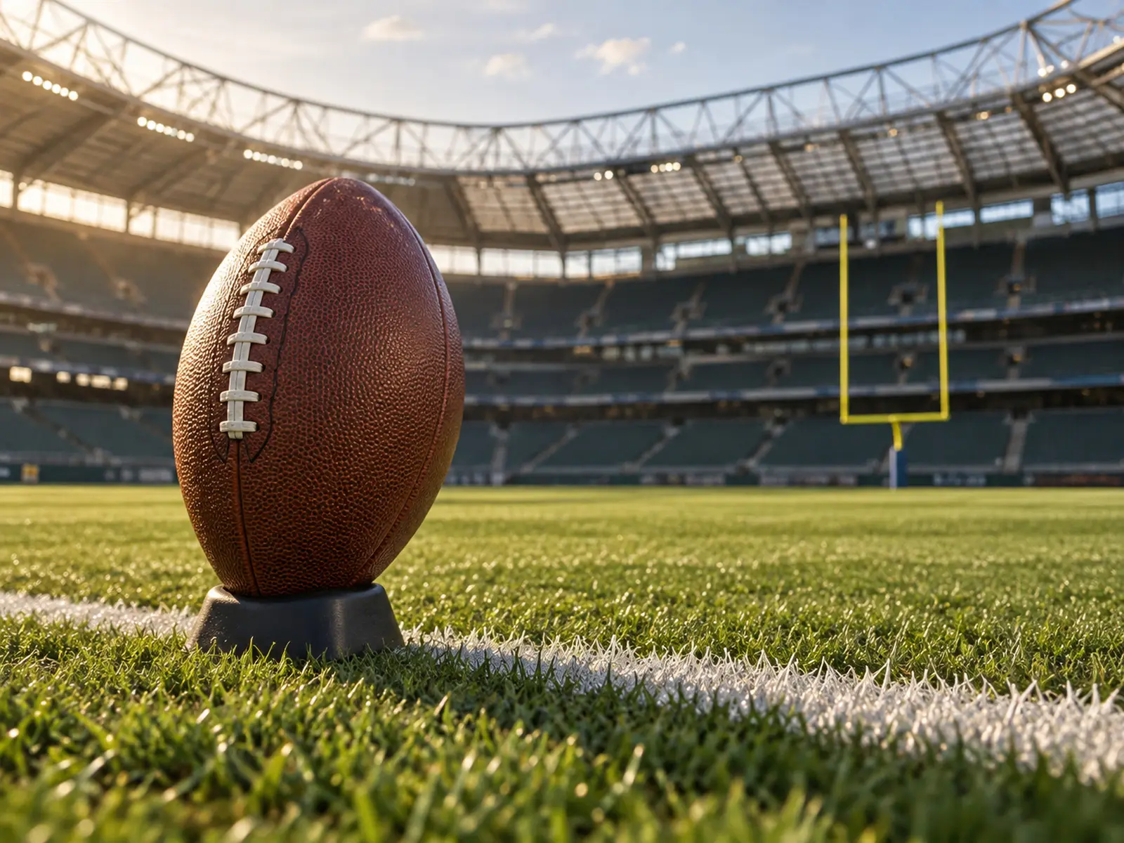 AI-generated conceptual illustration of an American football on a kicking tee; not the actual match ball or stadium