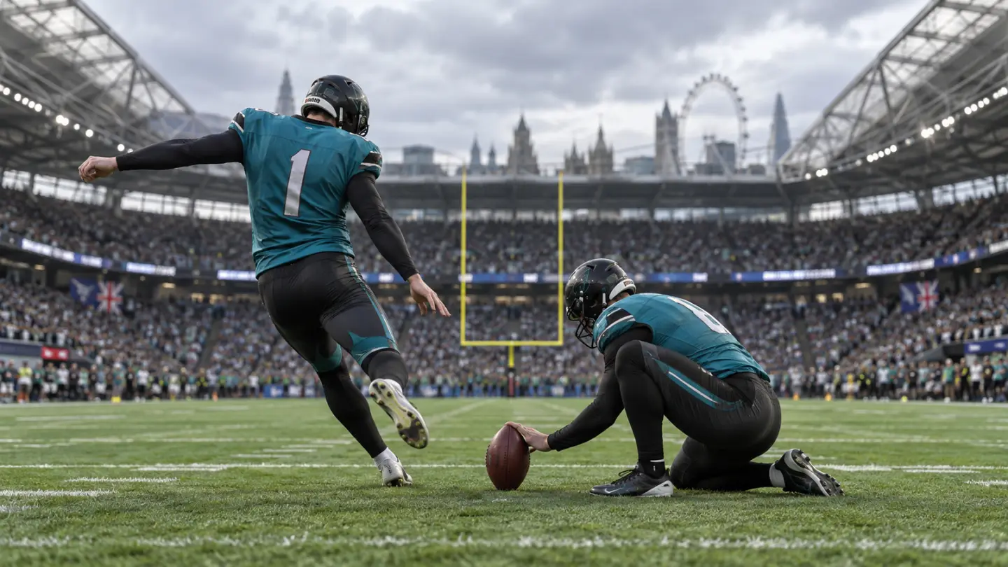 AI-generated conceptual illustration of an anonymous American football kicker and holder; not the actual players or London match