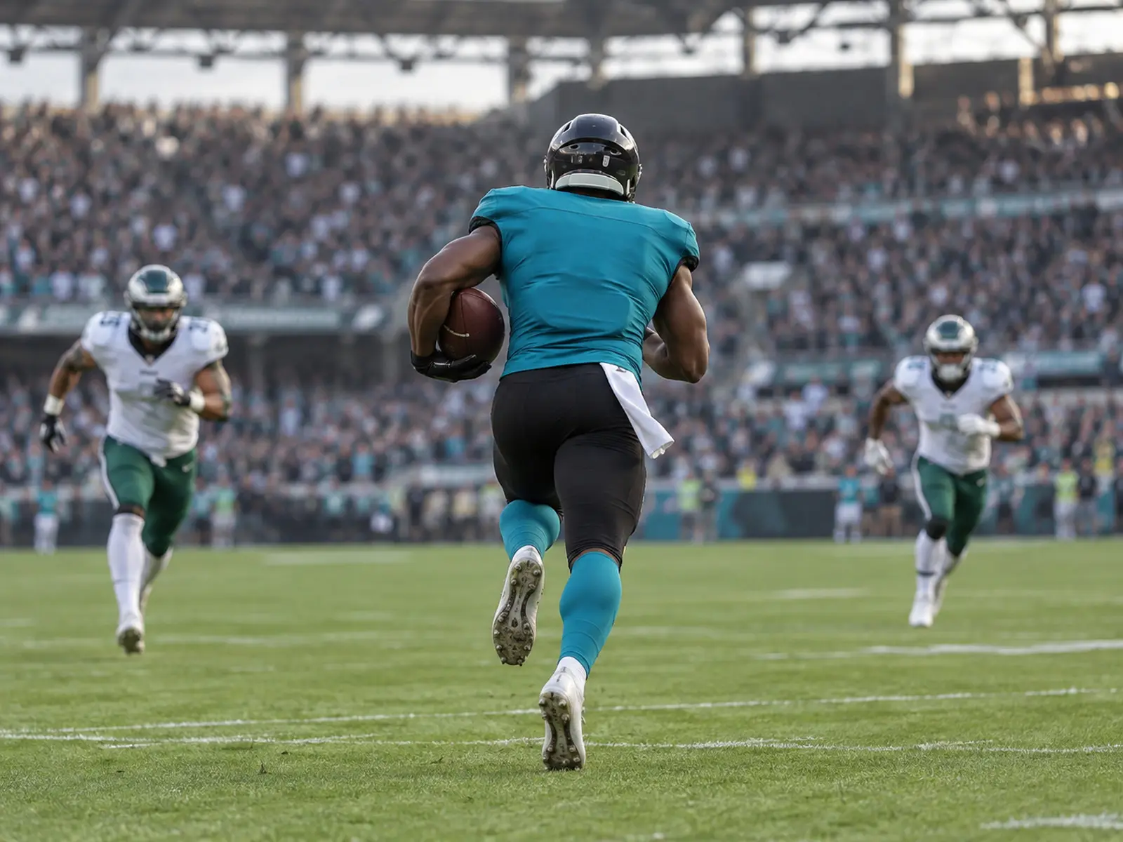 AI-generated conceptual illustration of an anonymous American football kick-off returner; not Ameer Abdullah or the actual match