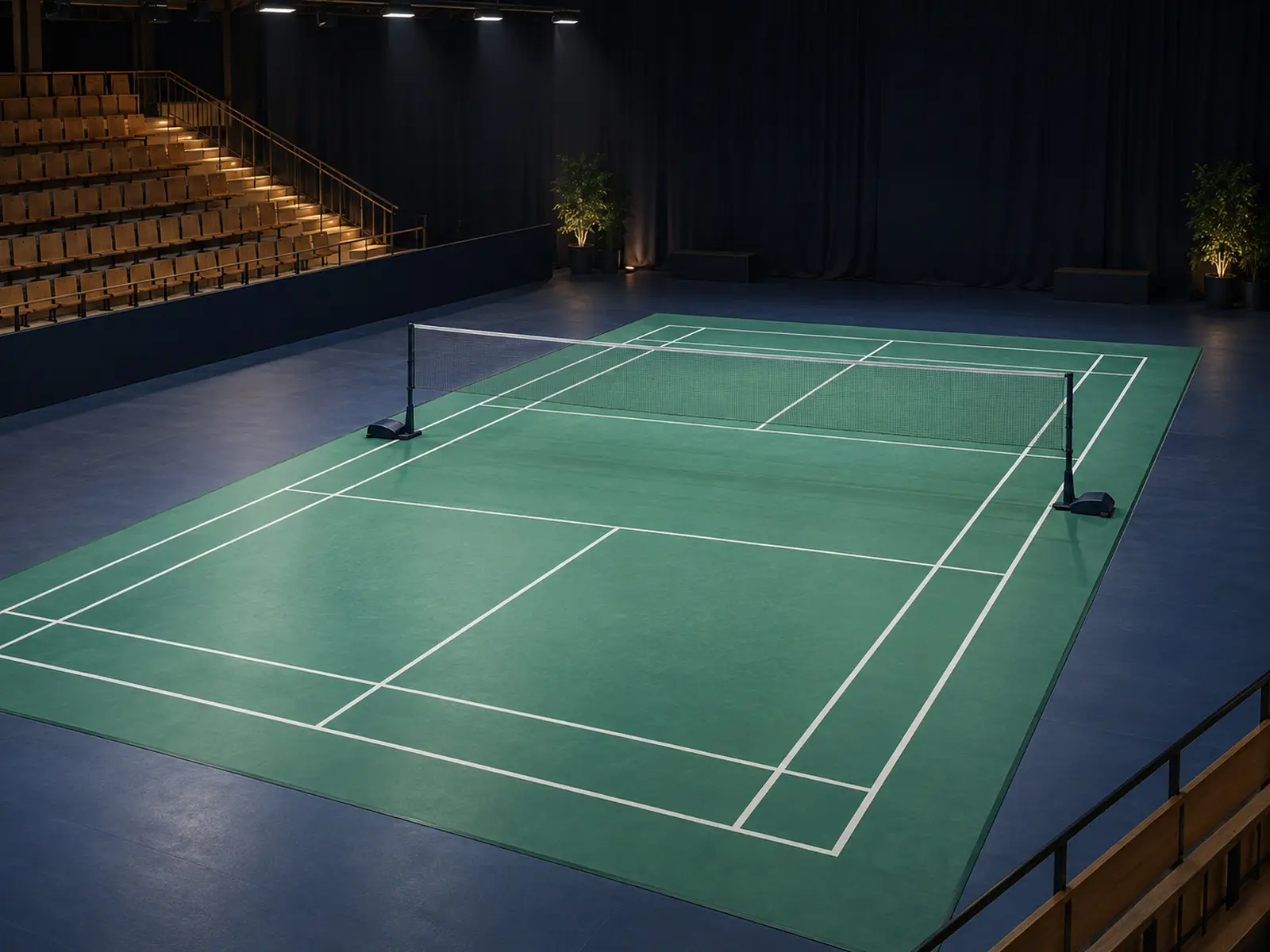 AI-generated conceptual illustration of an empty indoor badminton singles court; not the actual Arctic Open venue